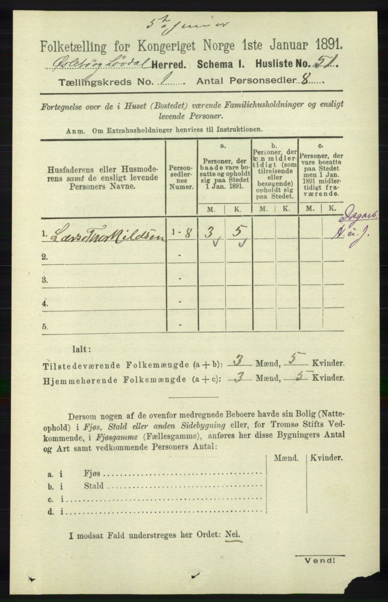 RA, 1891 census for 1021 Øyslebø og Laudal, 1891, p. 73