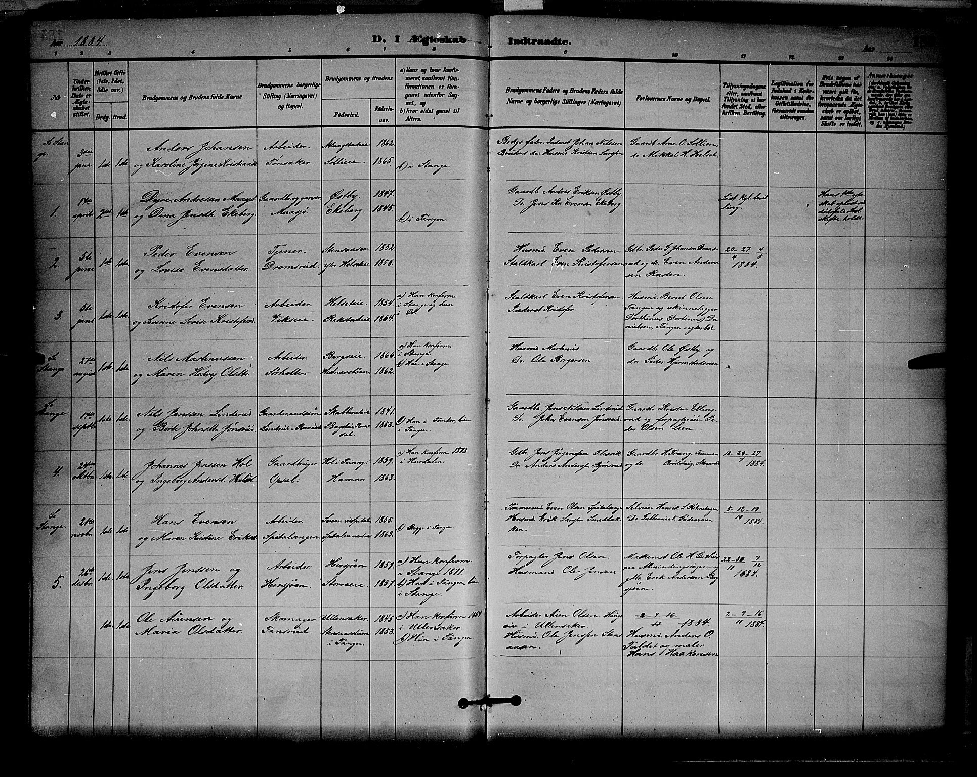 Stange prestekontor, SAH/PREST-002/L/L0008: Parish register (copy) no. 8, 1882-1895, p. 185