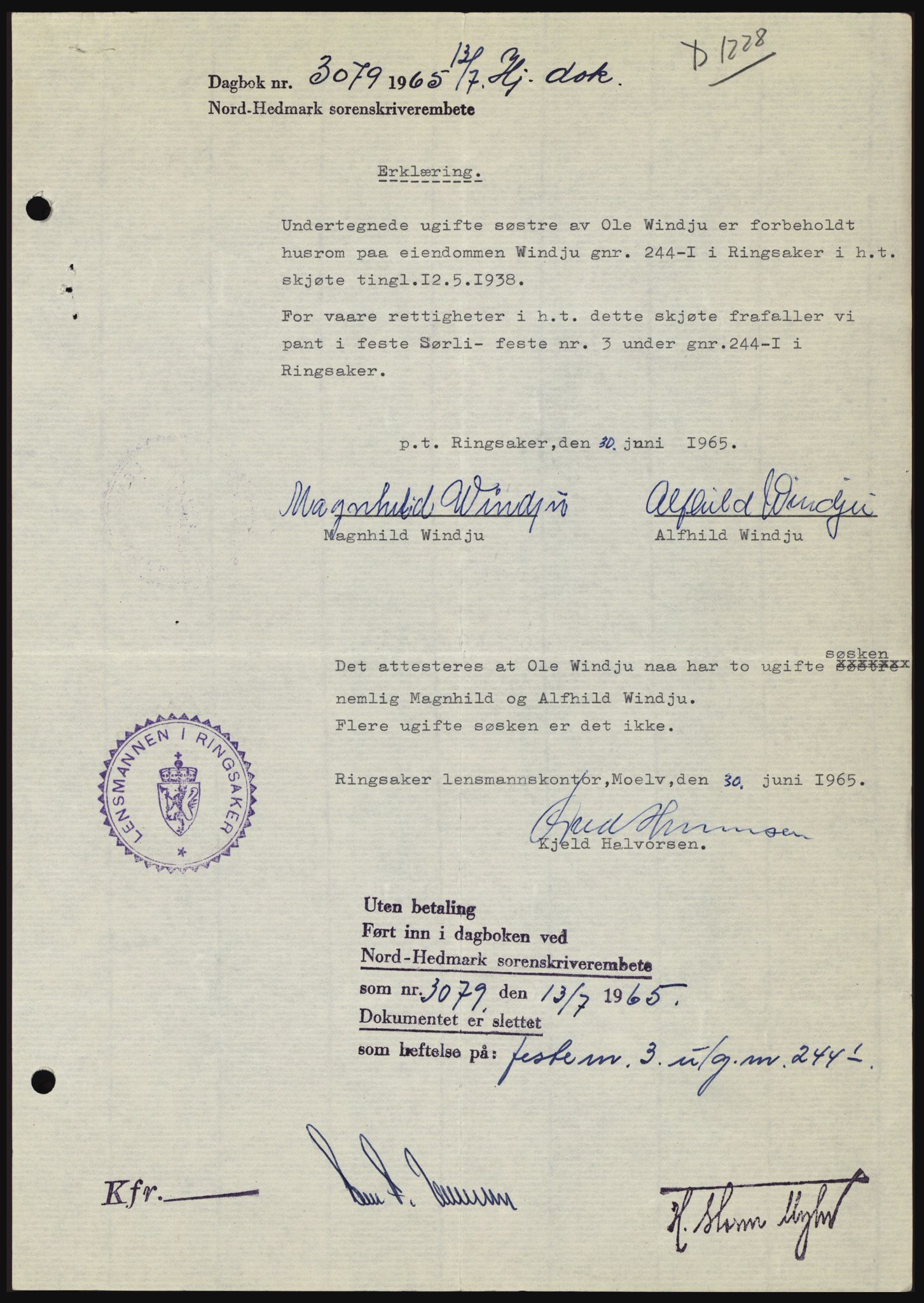 Nord-Hedmark sorenskriveri, SAH/TING-012/H/Hc/L0022: Mortgage book no. 22, 1965-1965, Diary no: : 3079/1965