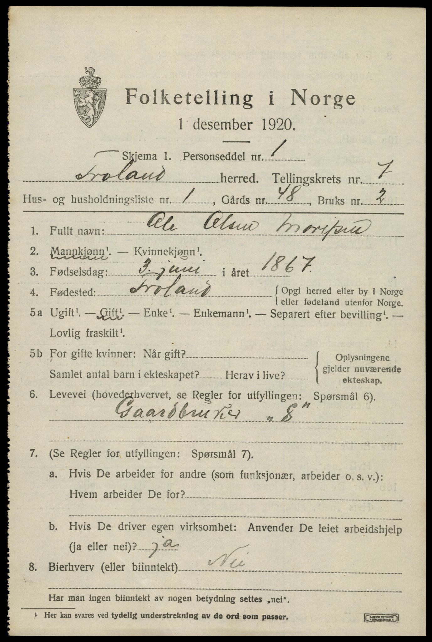 SAK, 1920 census for Froland, 1920, p. 4281