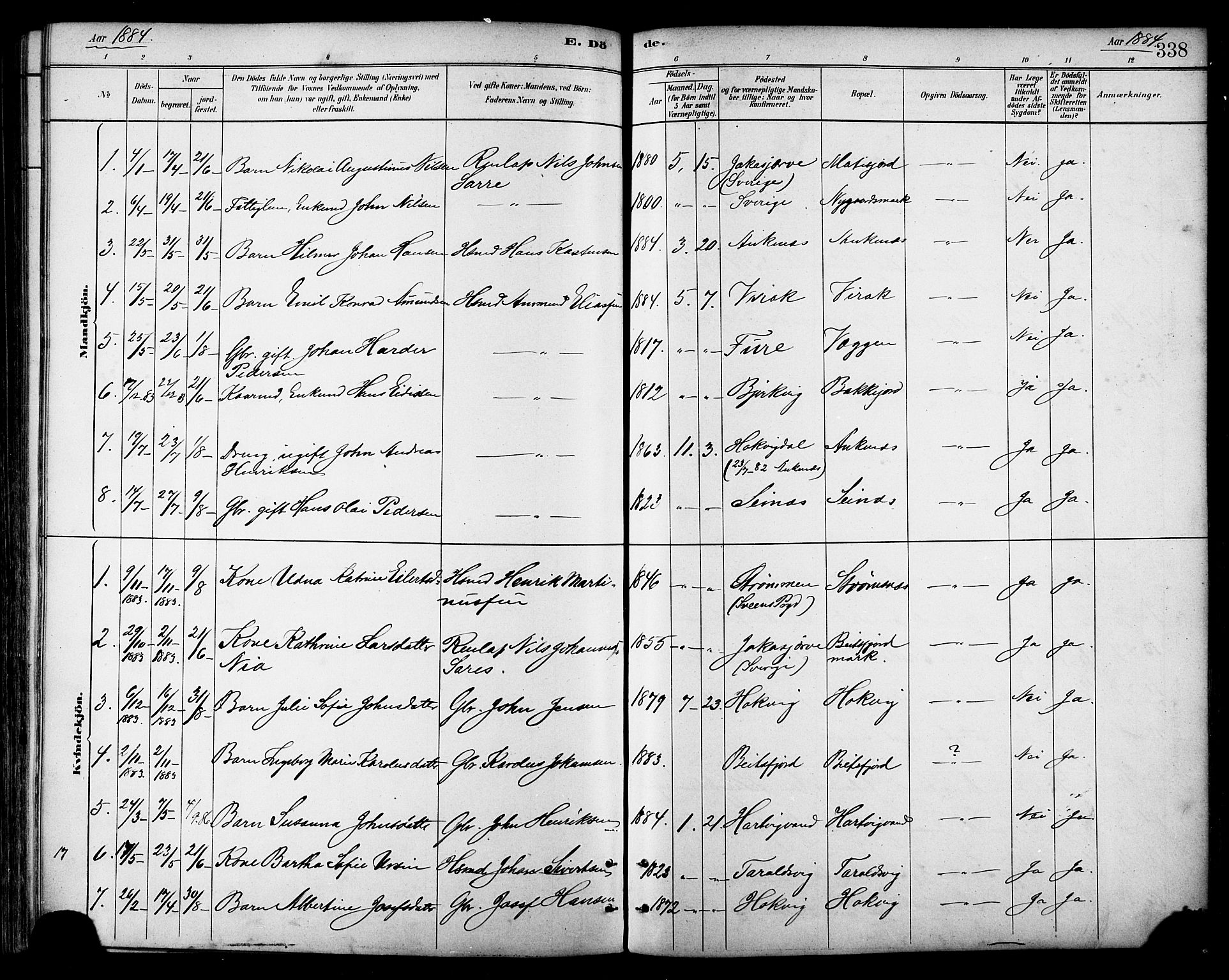 Ministerialprotokoller, klokkerbøker og fødselsregistre - Nordland, AV/SAT-A-1459/866/L0938: Parish register (official) no. 866A01, 1879-1893, p. 338