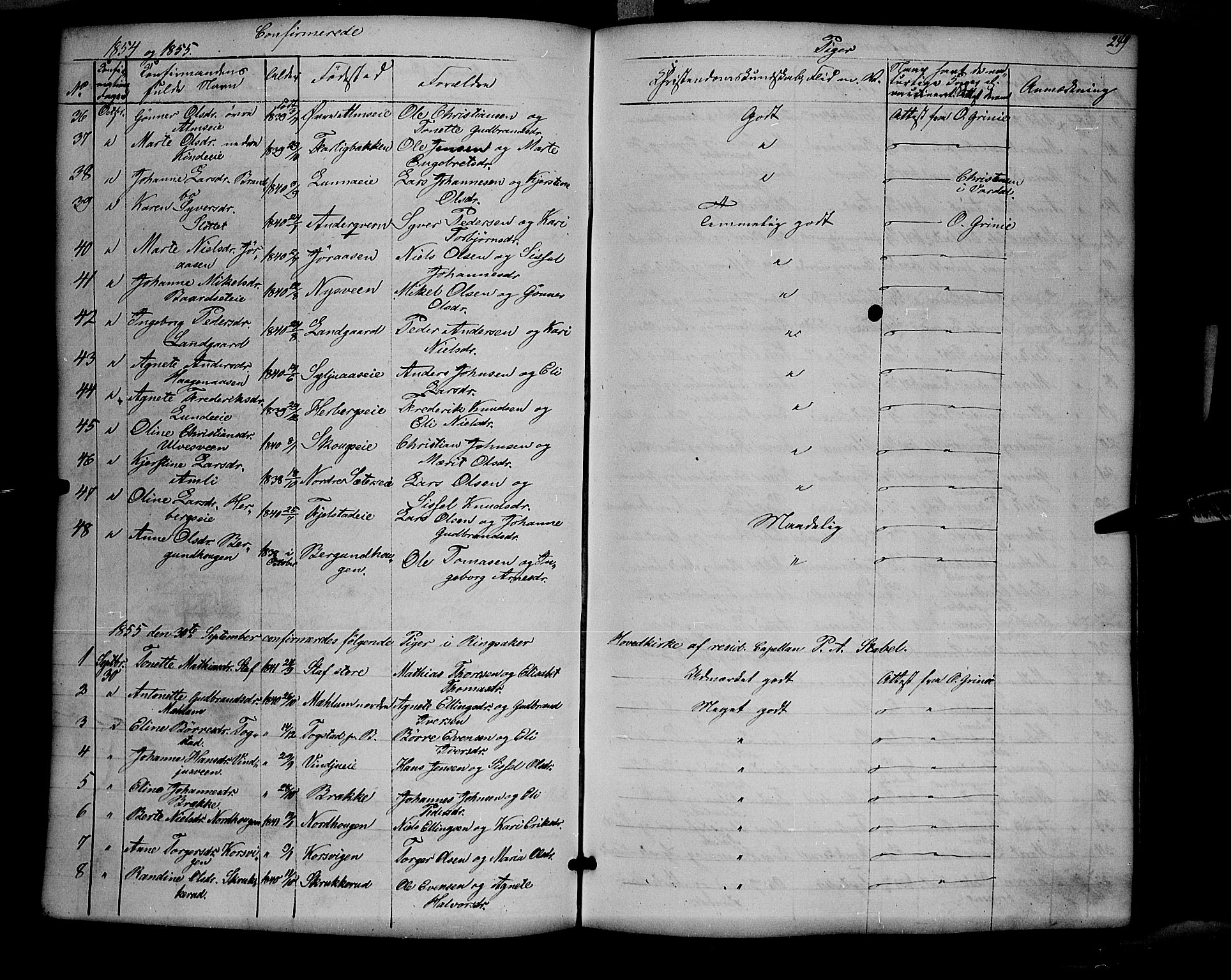Ringsaker prestekontor, SAH/PREST-014/K/Ka/L0009: Parish register (official) no. 9, 1850-1860, p. 249