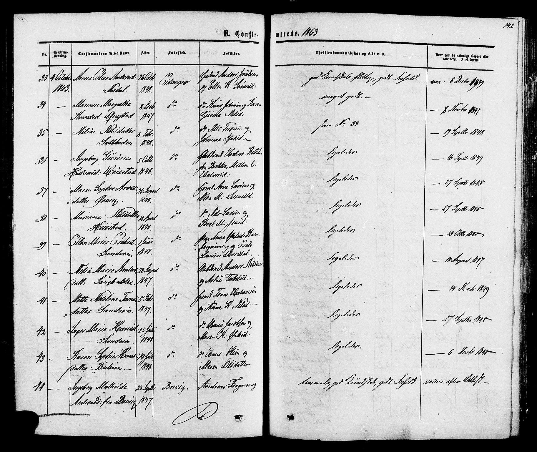Eidanger kirkebøker, SAKO/A-261/F/Fa/L0010: Parish register (official) no. 10, 1859-1874, p. 142