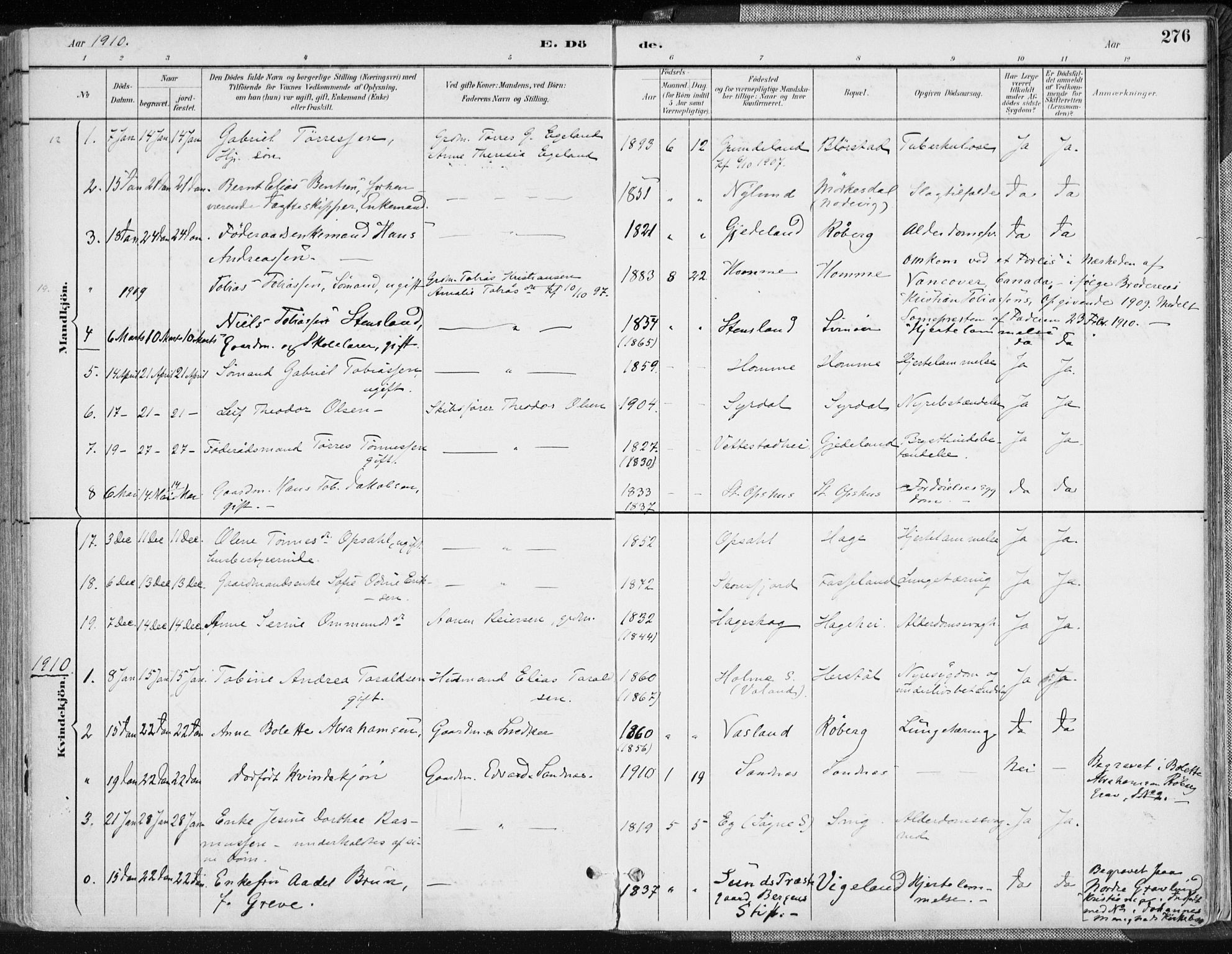 Sør-Audnedal sokneprestkontor, AV/SAK-1111-0039/F/Fa/Fab/L0010: Parish register (official) no. A 10, 1892-1913, p. 276