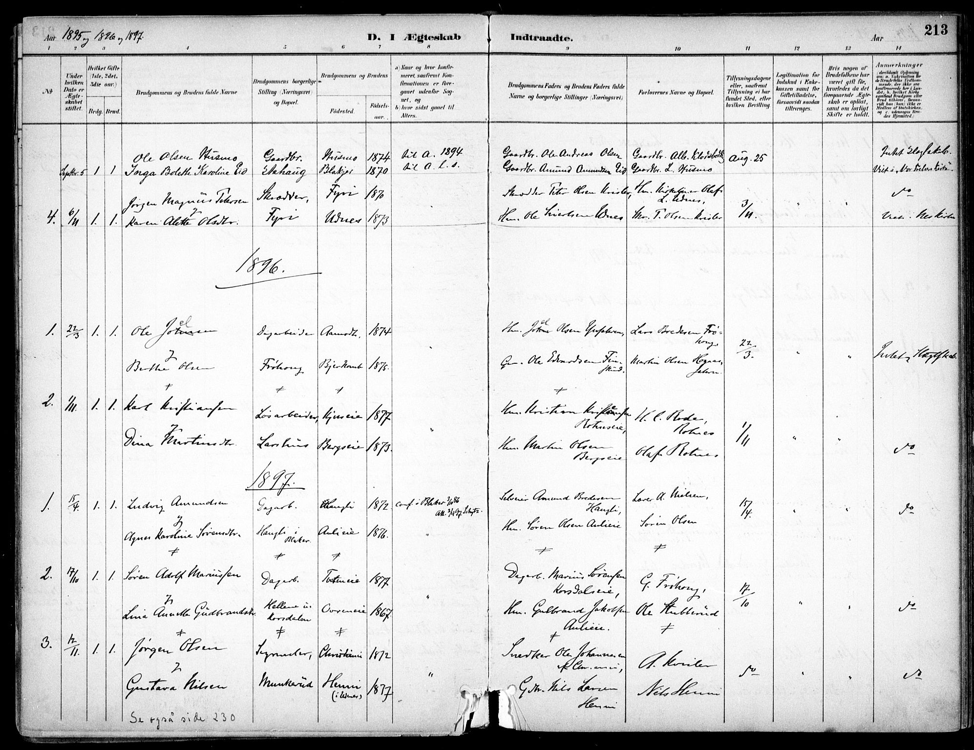 Nes prestekontor Kirkebøker, AV/SAO-A-10410/F/Fc/L0002: Parish register (official) no. IIi 2, 1882-1916, p. 213