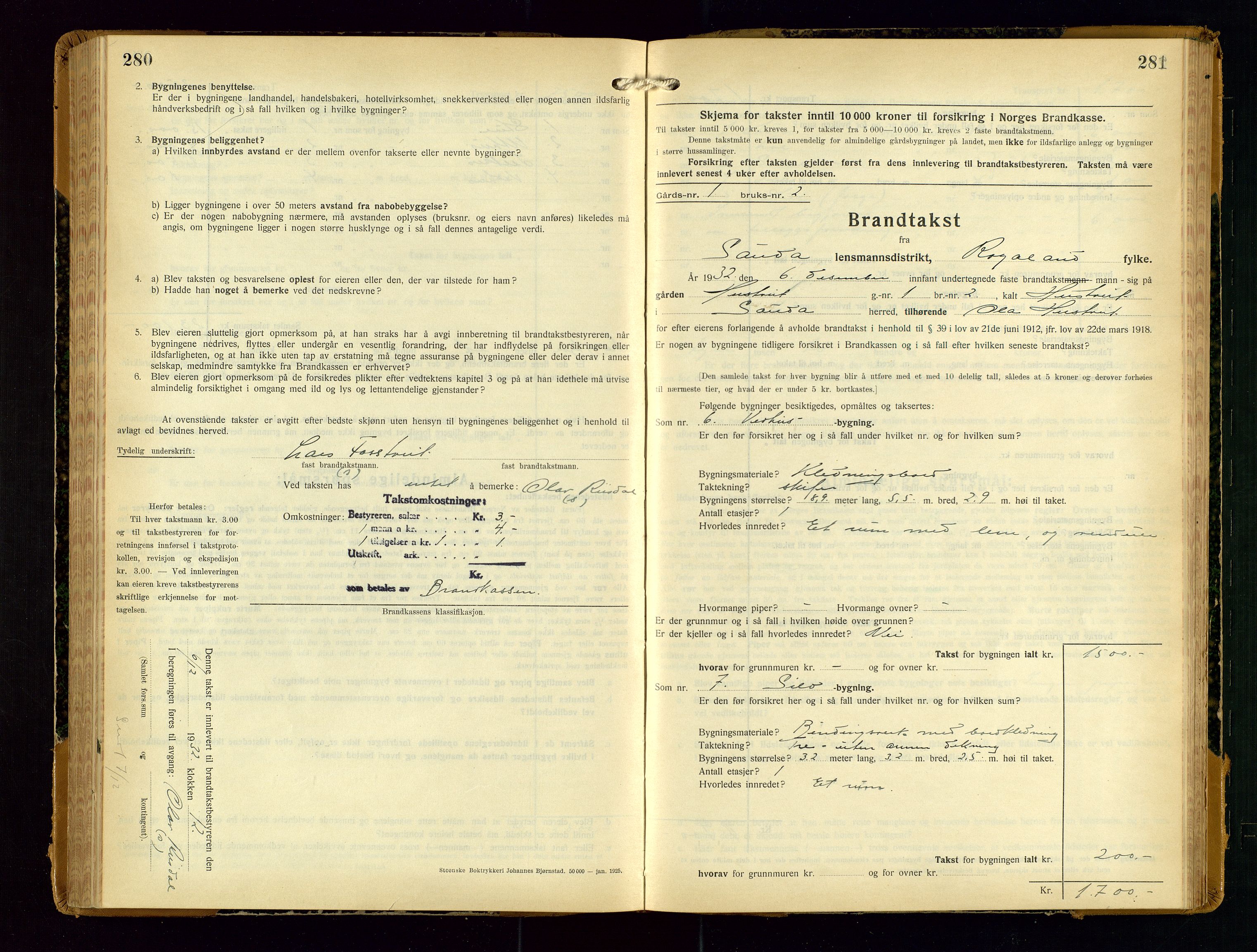 Sauda lensmannskontor, SAST/A-100177/Gob/L0003: Branntakstprotokoll - skjematakst, 1928-1936, p. 280-281