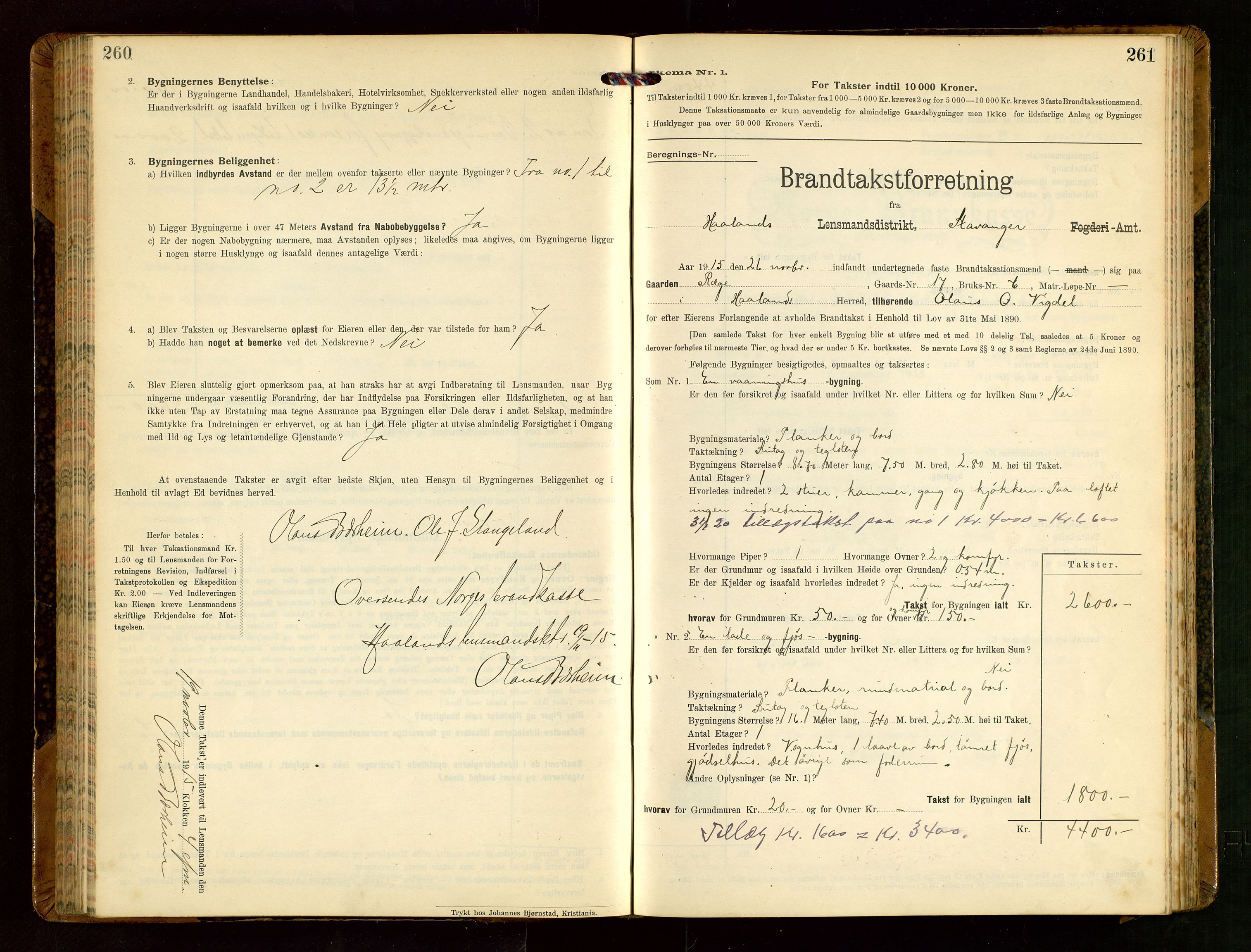 Håland lensmannskontor, AV/SAST-A-100100/Gob/L0004: Branntakstprotokoll - skjematakst. Register i boken., 1913-1915, p. 260-261