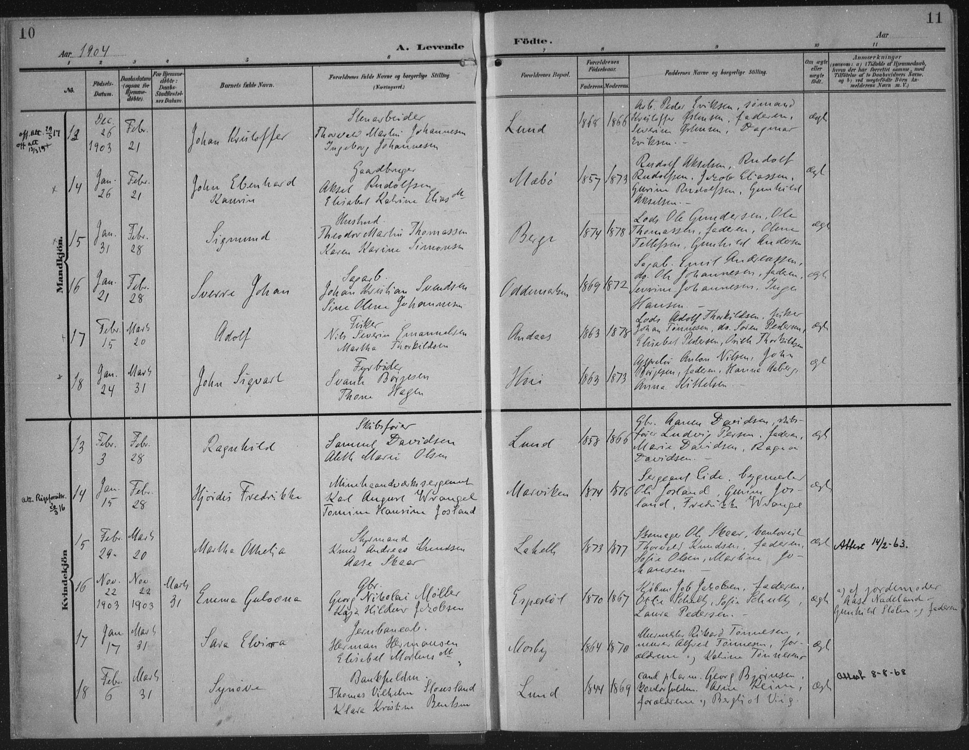 Oddernes sokneprestkontor, AV/SAK-1111-0033/F/Fa/Faa/L0011: Parish register (official) no. A 11, 1904-1911, p. 12-13