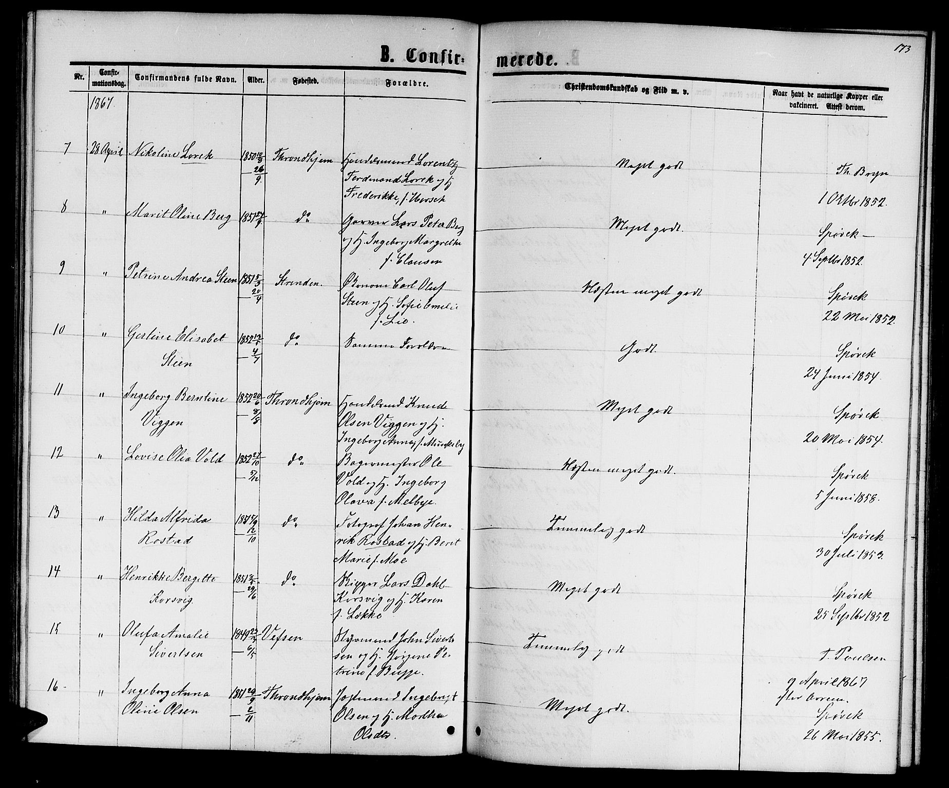 Ministerialprotokoller, klokkerbøker og fødselsregistre - Sør-Trøndelag, AV/SAT-A-1456/601/L0087: Parish register (copy) no. 601C05, 1864-1881, p. 173