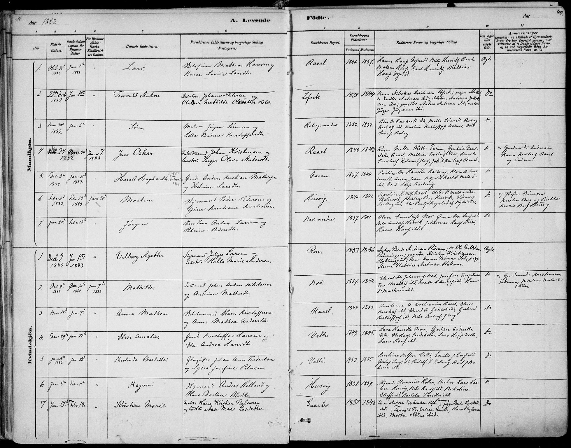 Sem kirkebøker, AV/SAKO-A-5/F/Fb/L0004: Parish register (official) no. II 4, 1878-1891, p. 44