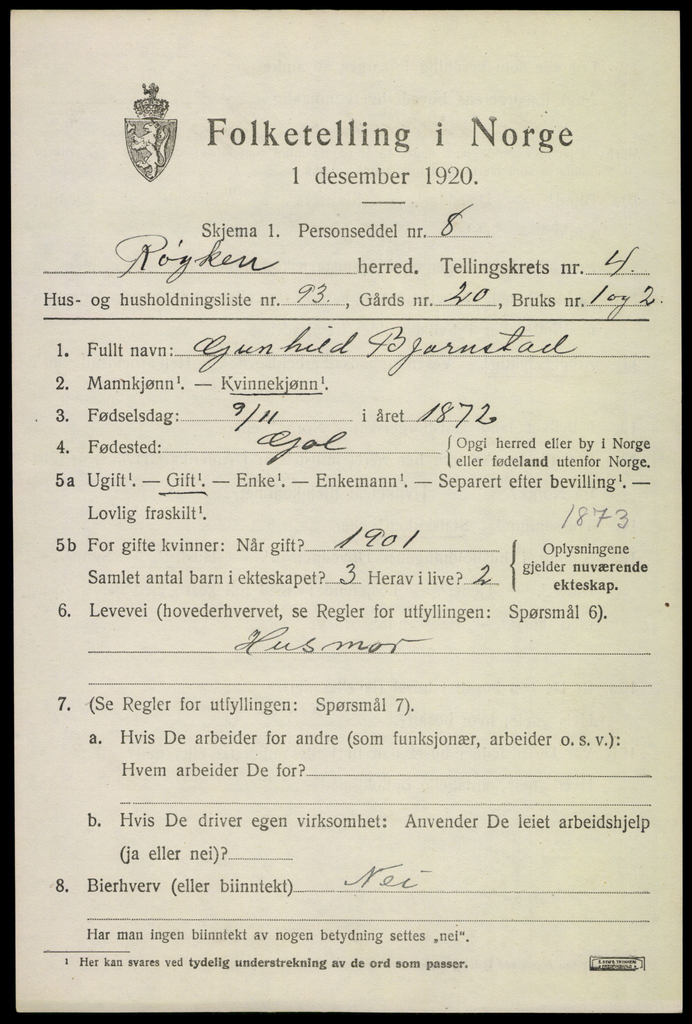 SAKO, 1920 census for Røyken, 1920, p. 6646