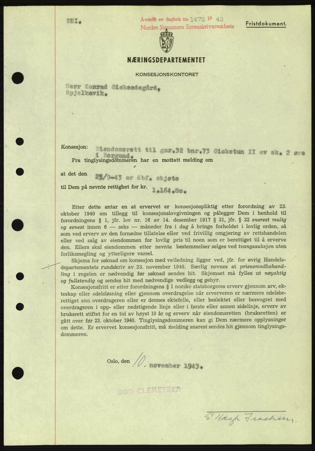 Nordre Sunnmøre sorenskriveri, SAT/A-0006/1/2/2C/2Ca: Mortgage book no. B6-14 a, 1942-1945, Diary no: : 1472/1943