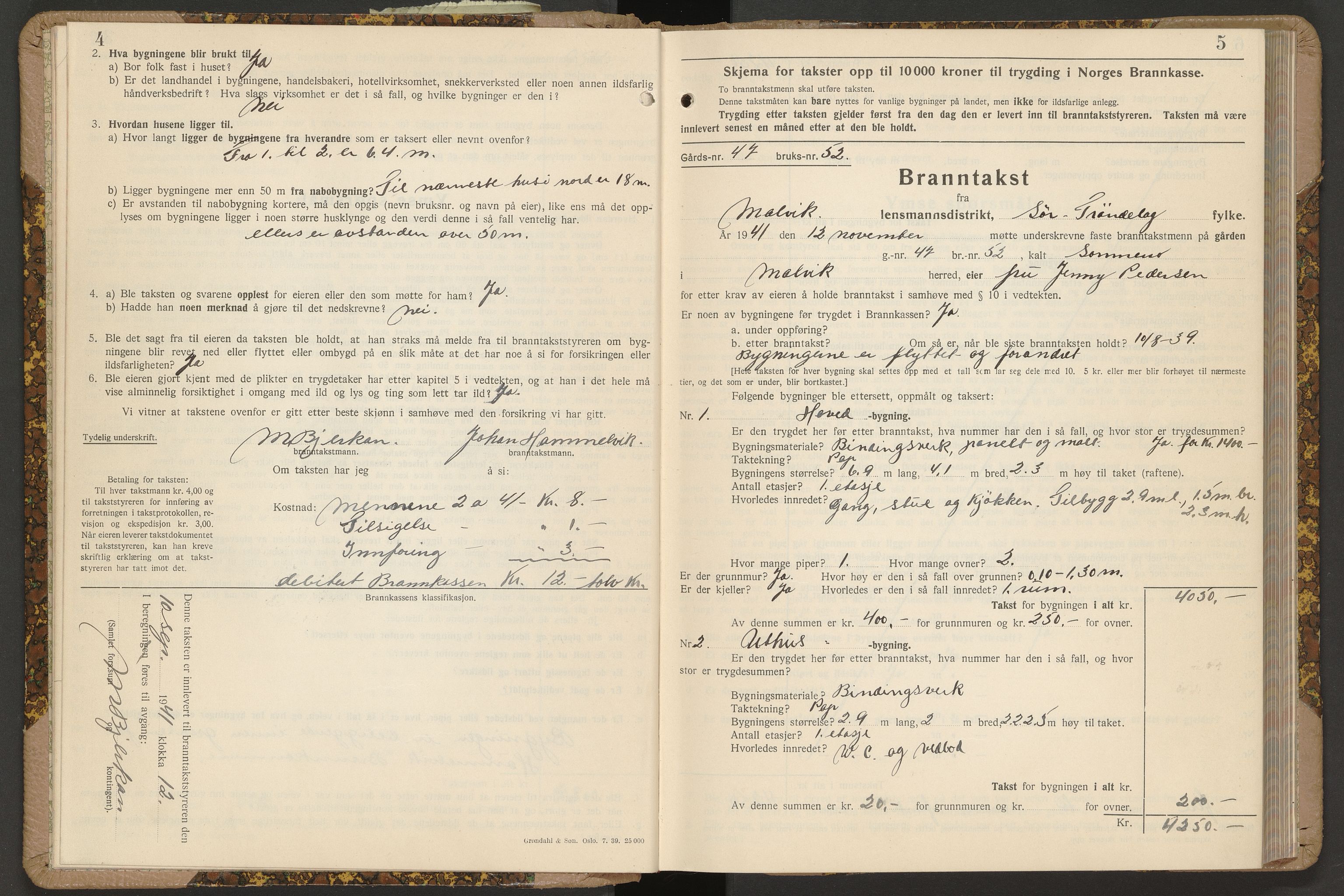 Norges Brannkasse Malvik, AV/SAT-A-1289/Fb/L0002: Branntakstprotokoll, 1941-1955, p. 4-5