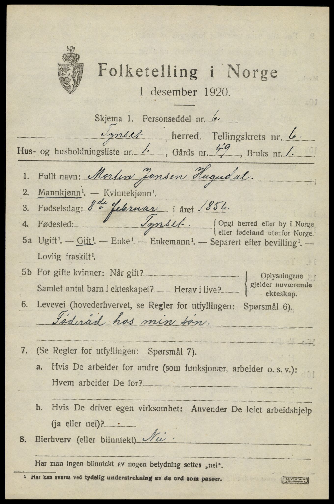 SAH, 1920 census for Tynset, 1920, p. 5520