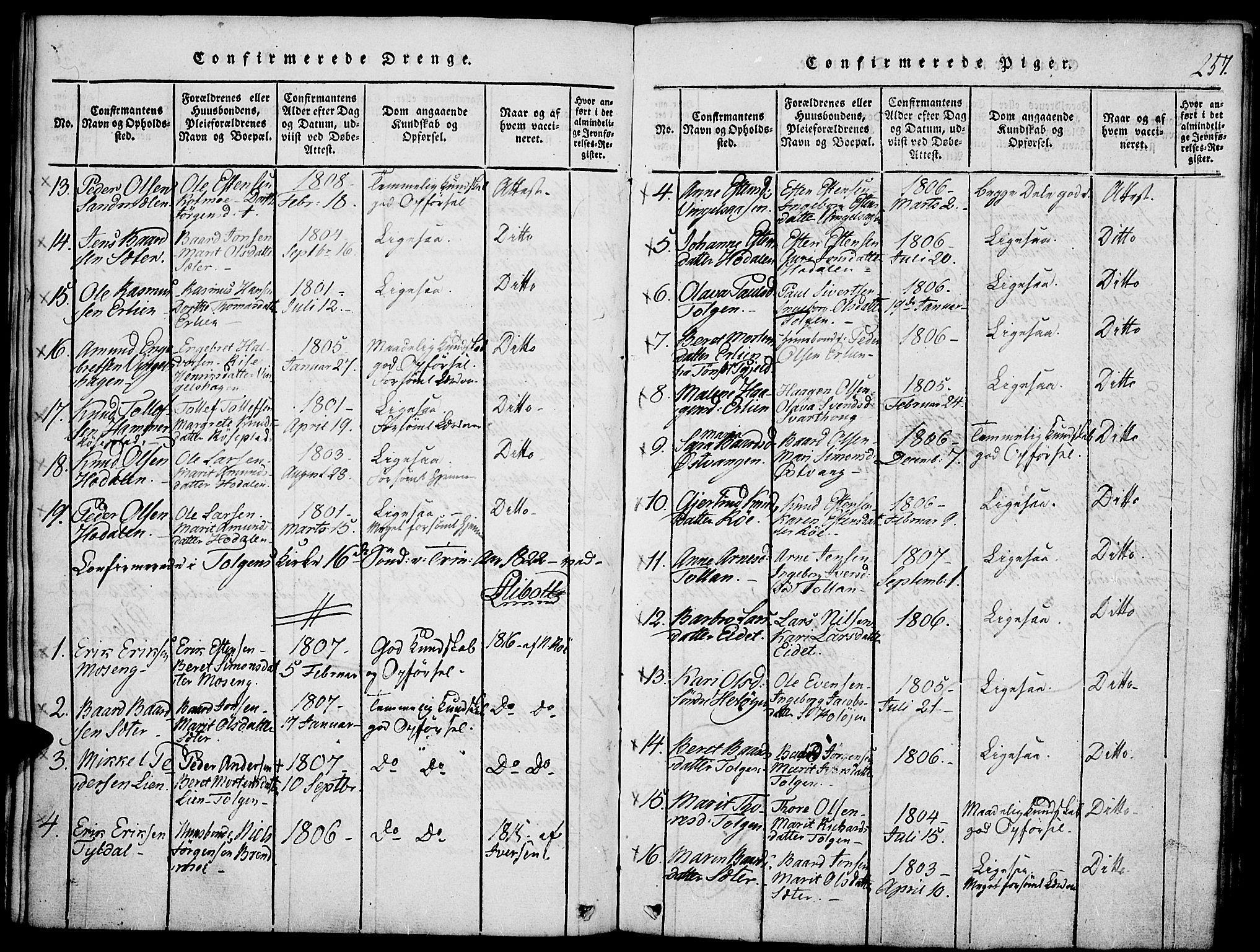 Tolga prestekontor, SAH/PREST-062/K/L0004: Parish register (official) no. 4, 1815-1836, p. 257