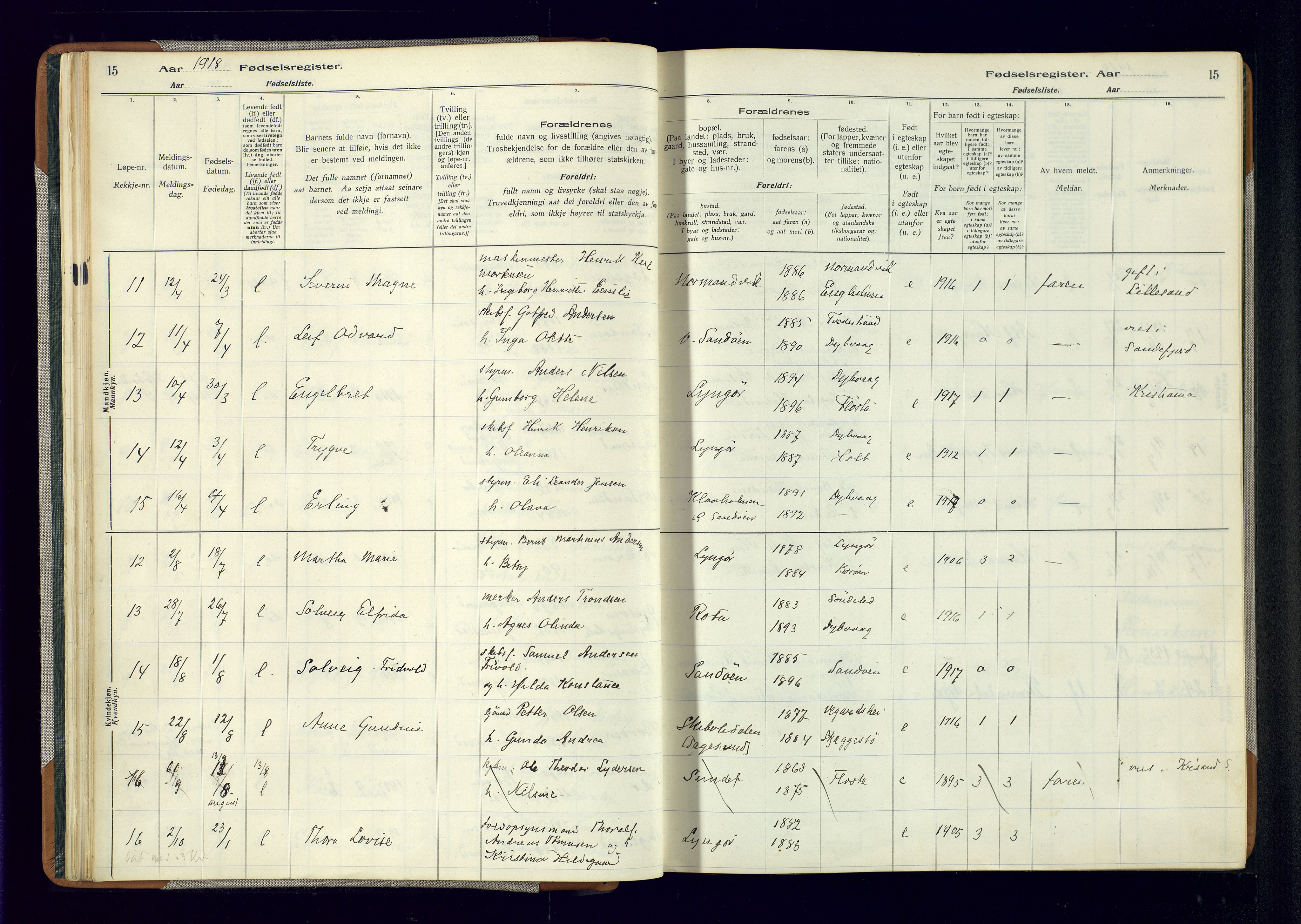 Dypvåg sokneprestkontor, AV/SAK-1111-0007/J/Ja/L0001: Birth register no. II.4.3, 1916-1975, p. 15