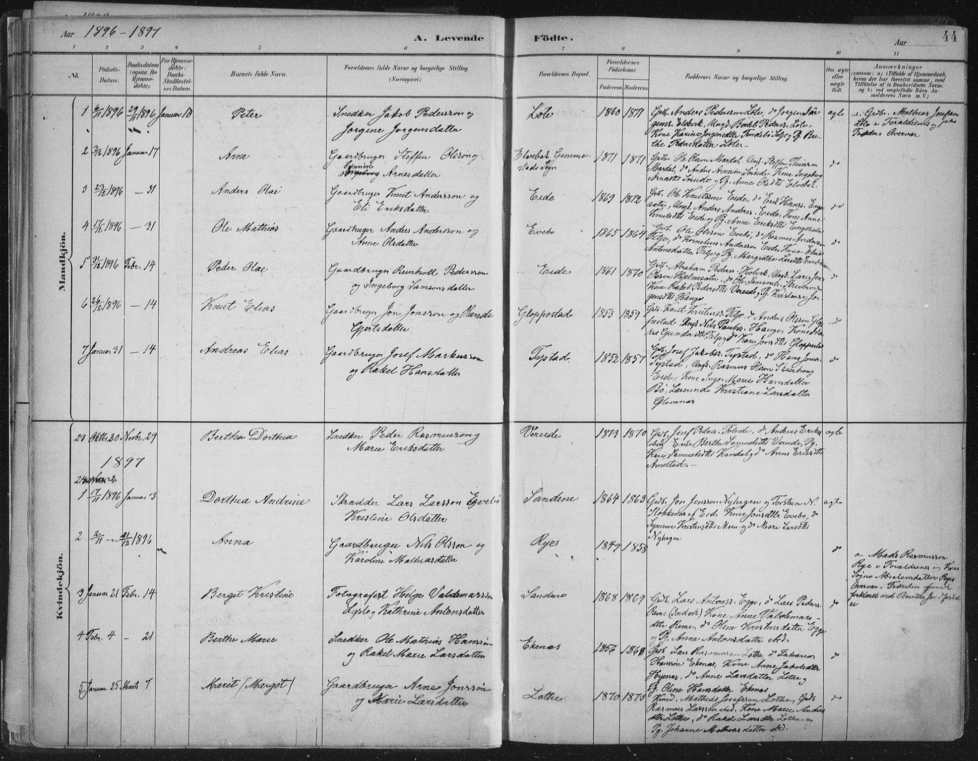 Gloppen sokneprestembete, AV/SAB-A-80101/H/Haa/Haab/L0001: Parish register (official) no. B  1, 1885-1905, p. 44