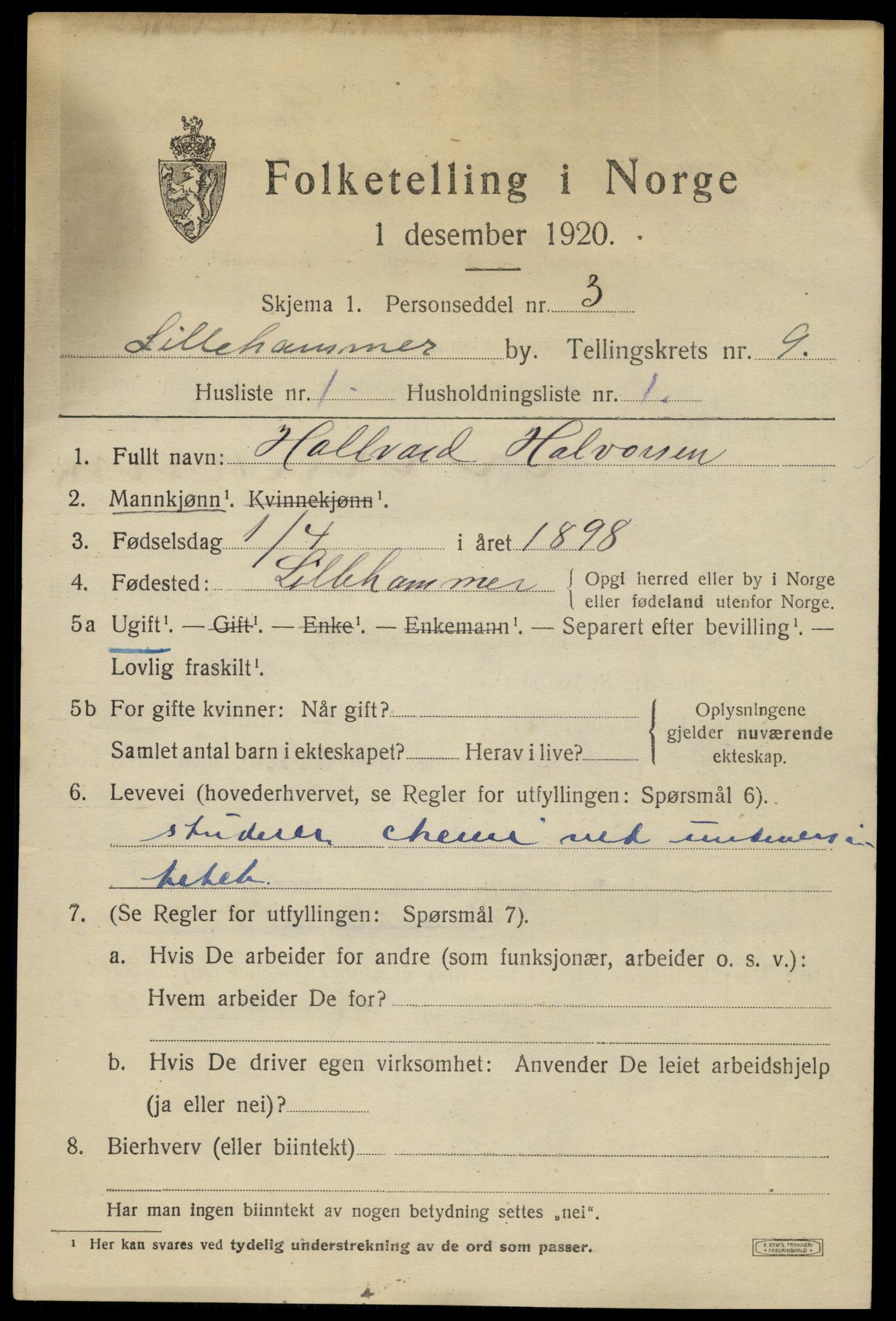 SAH, 1920 census for Lillehammer, 1920, p. 11678