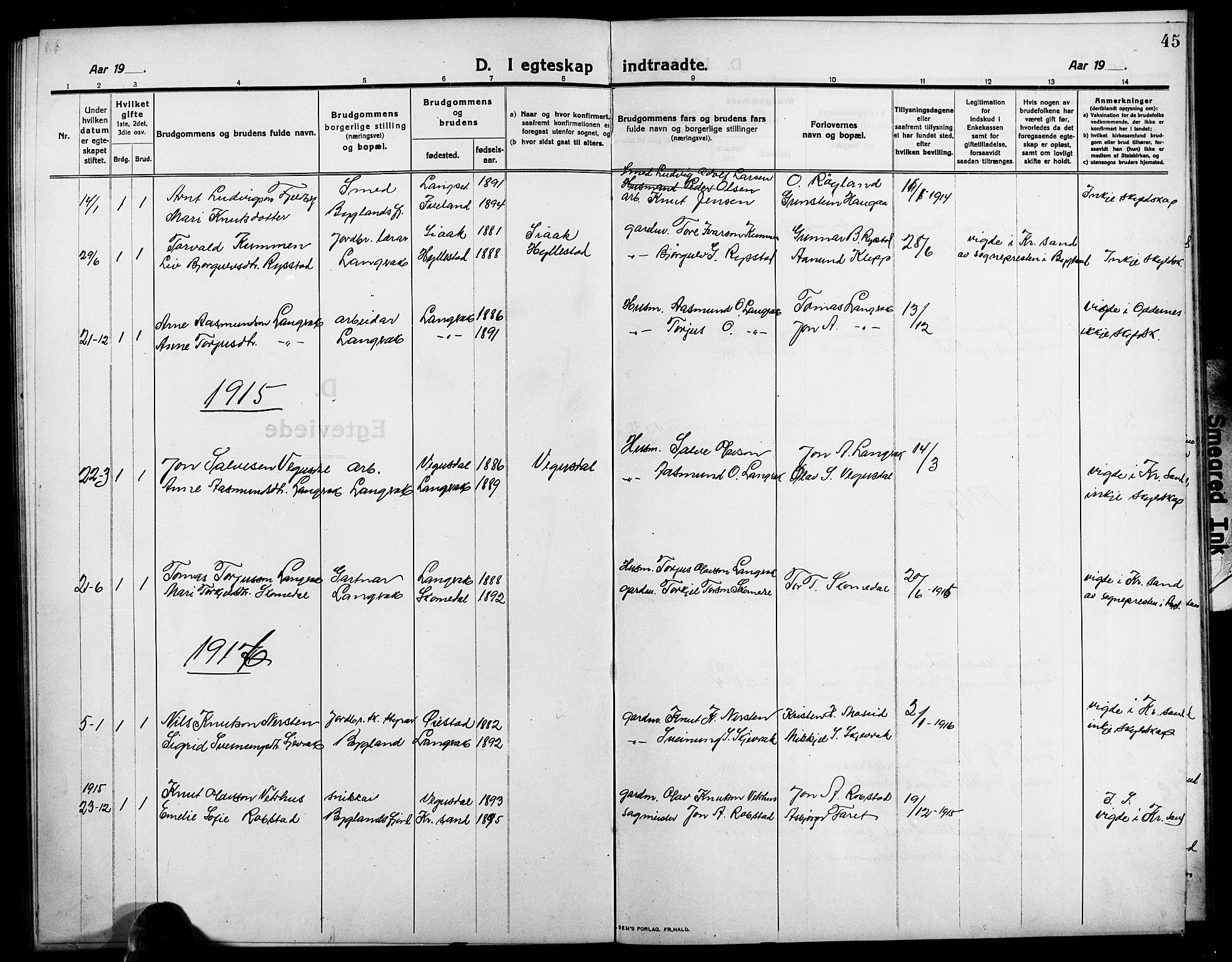 Bygland sokneprestkontor, SAK/1111-0006/F/Fb/Fbd/L0003: Parish register (copy) no. B 3, 1910-1926, p. 45
