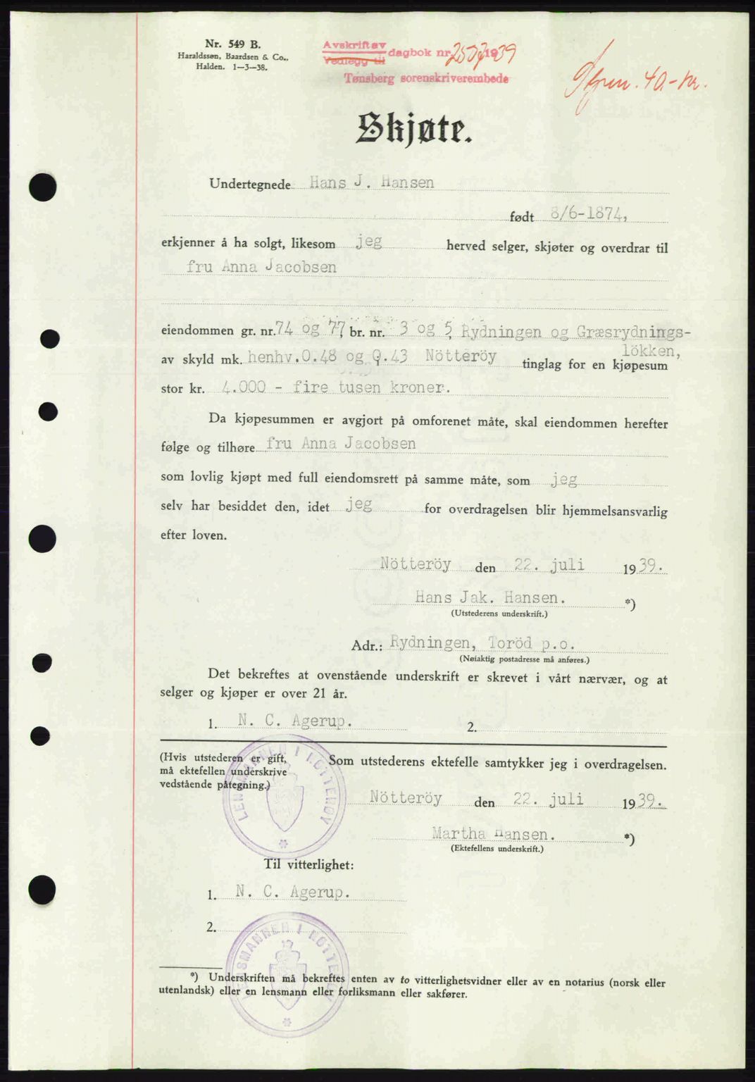 Tønsberg sorenskriveri, AV/SAKO-A-130/G/Ga/Gaa/L0007: Mortgage book no. A7, 1939-1939, Diary no: : 2507/1939