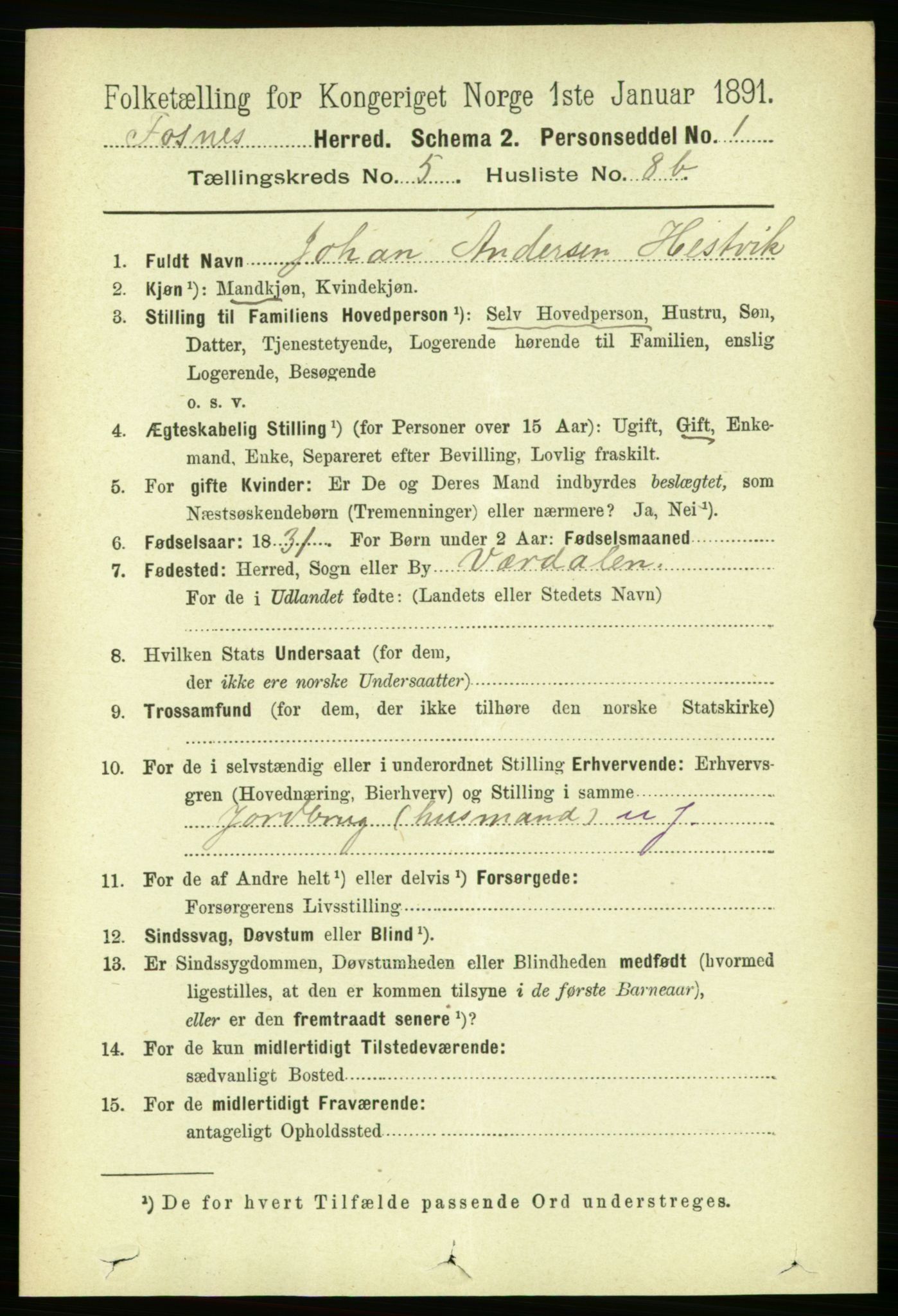 RA, 1891 census for 1748 Fosnes, 1891, p. 2713