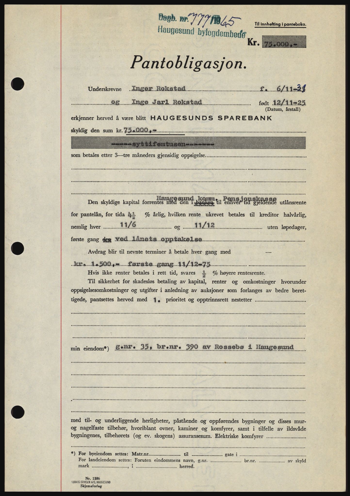 Haugesund tingrett, SAST/A-101415/01/II/IIC/L0053: Mortgage book no. B 53, 1965-1965, Diary no: : 777/1965