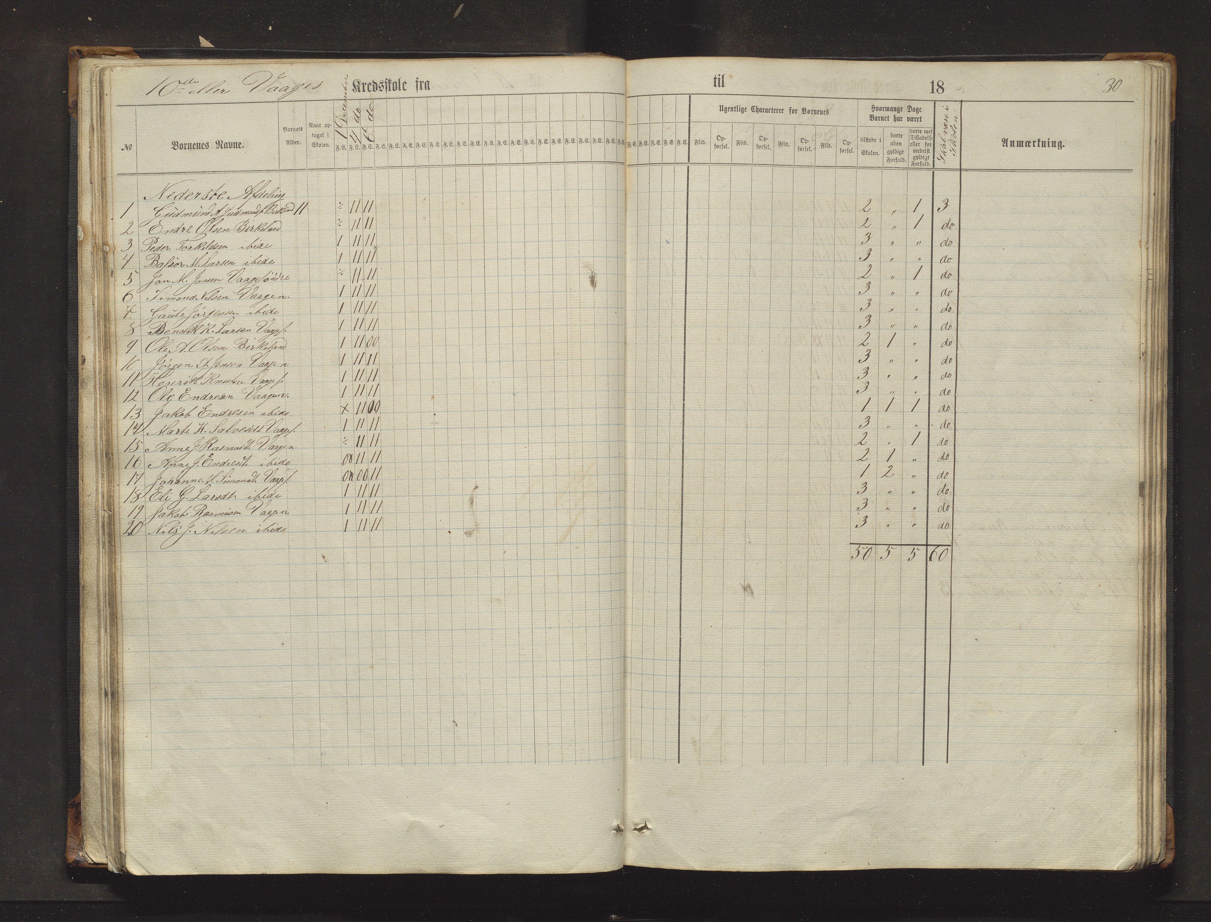 Sveio kommune. Barneskulane, IKAH/1216-231/F/Fa/L0017: Skuleprotokoll for Eilerås, Våge, Nordre Våge og Eilerås krinsskular, 1862-1874, p. 30