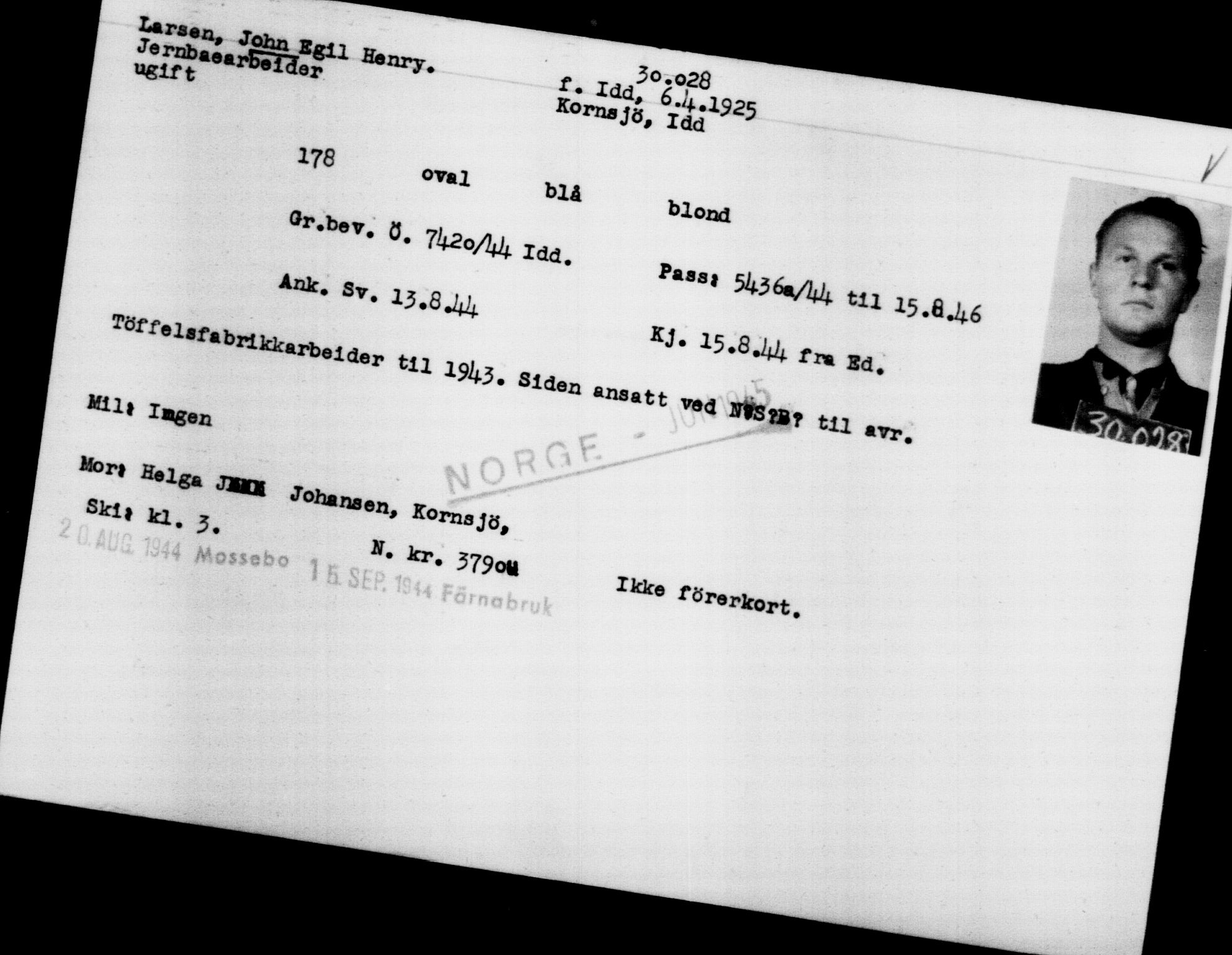 Utenriksstasjonene, Legasjonen i Stockholm, Flyktningkontoret, AV/RA-S-6753/V/Va/L0012: Kjesäterkartoteket, flyktninger med registreringsnr. 28300-31566, 1940-1945, p. 1907