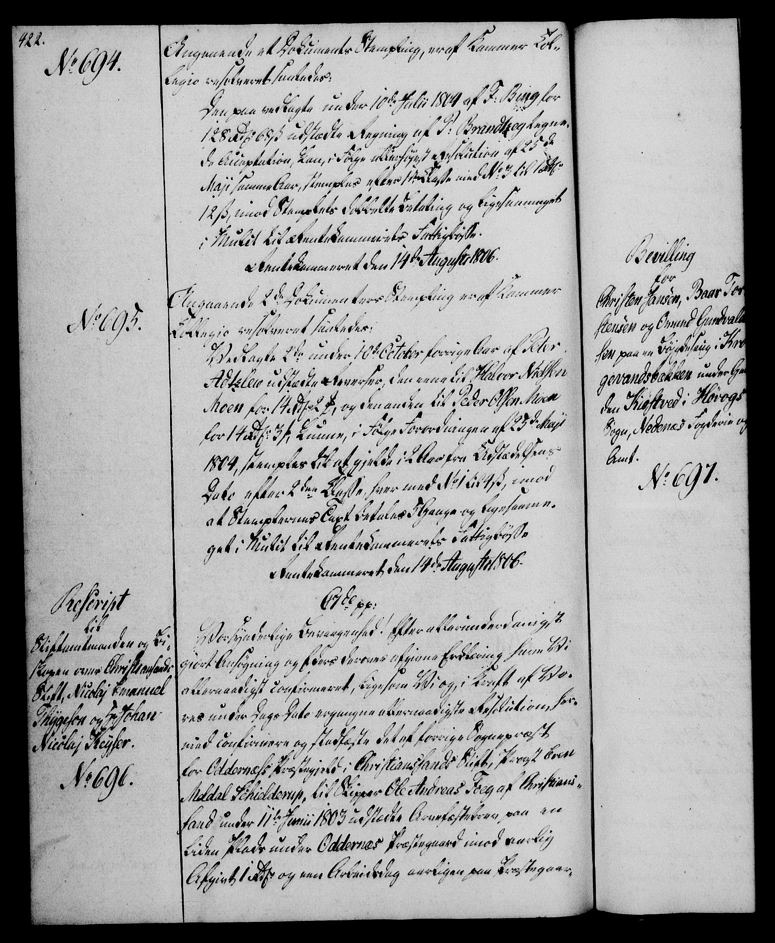 Rentekammeret, Kammerkanselliet, AV/RA-EA-3111/G/Gg/Gga/L0018: Norsk ekspedisjonsprotokoll med register (merket RK 53.18), 1804-1806, p. 422