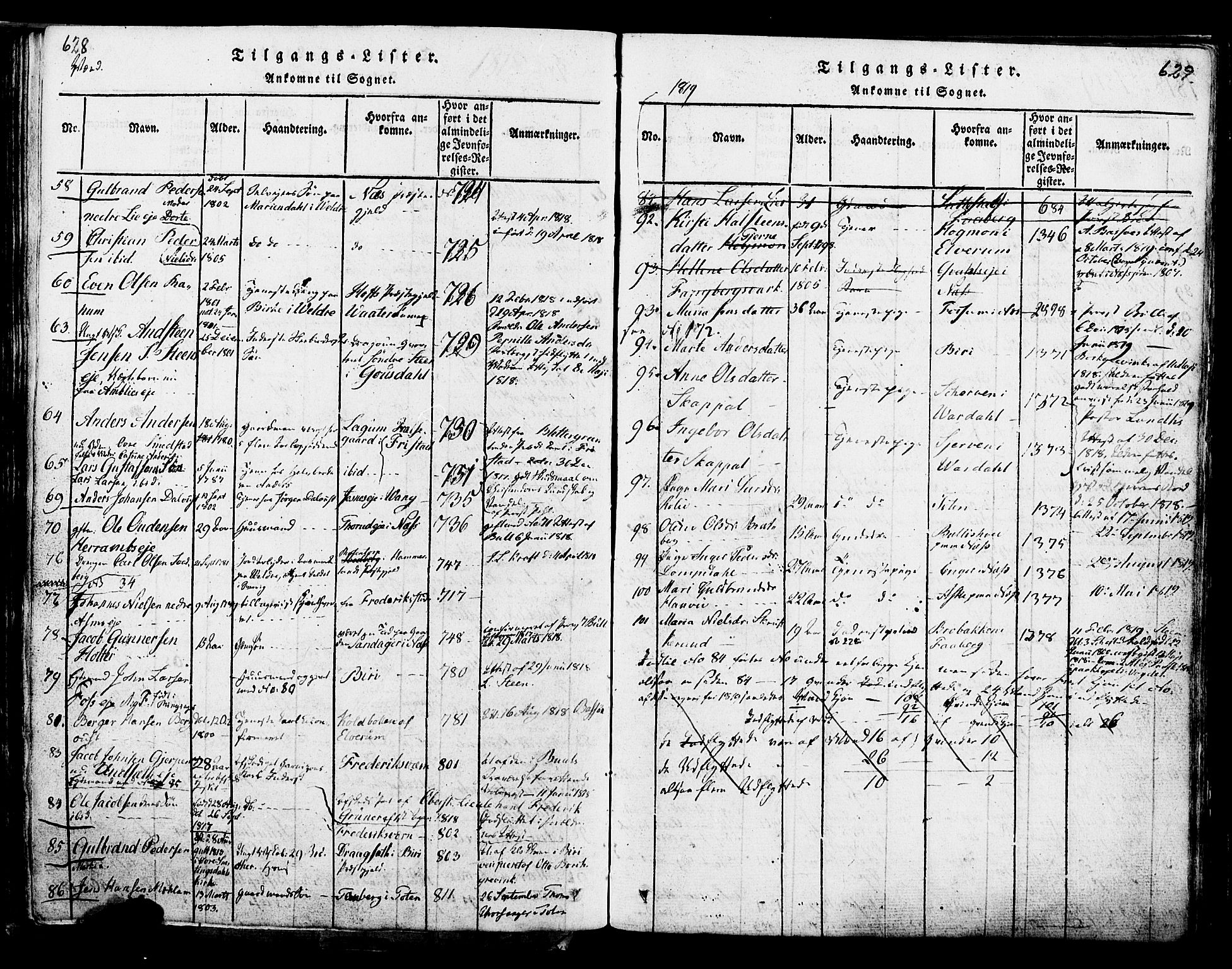 Ringsaker prestekontor, SAH/PREST-014/K/Ka/L0005: Parish register (official) no. 5, 1814-1826, p. 628-629