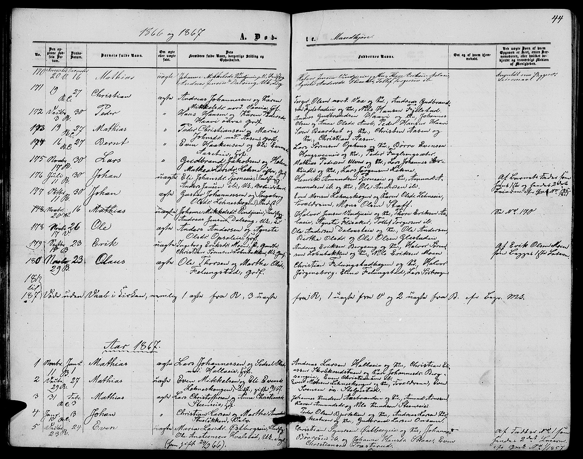 Ringsaker prestekontor, SAH/PREST-014/L/La/L0007: Parish register (copy) no. 7, 1861-1869, p. 44