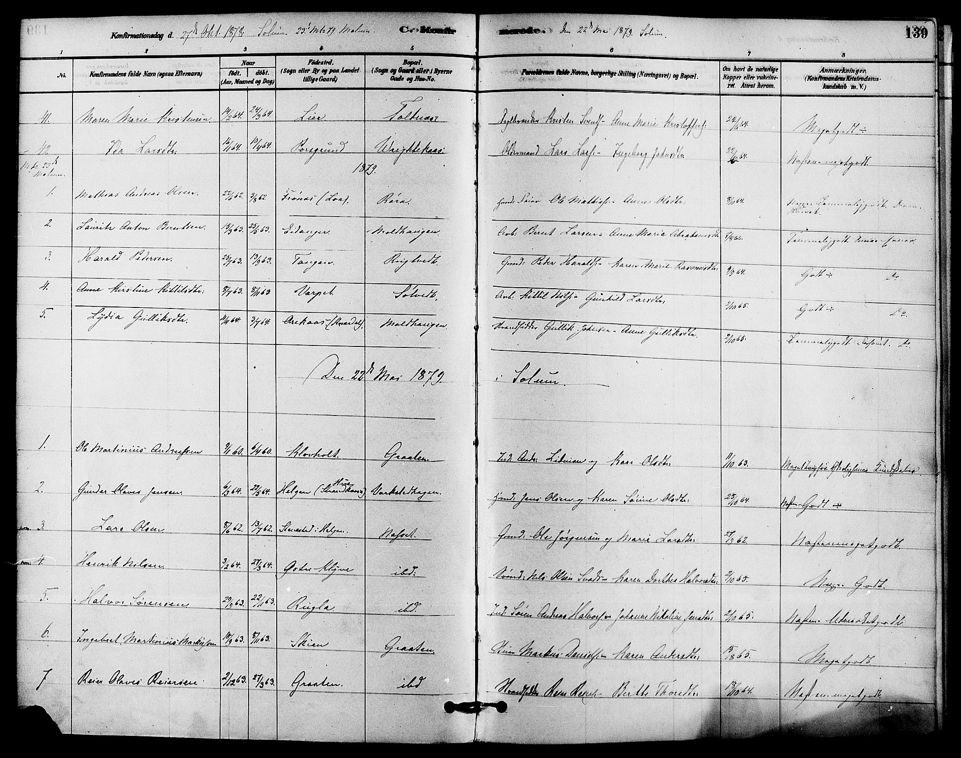 Solum kirkebøker, SAKO/A-306/F/Fa/L0009: Parish register (official) no. I 9, 1877-1887, p. 139
