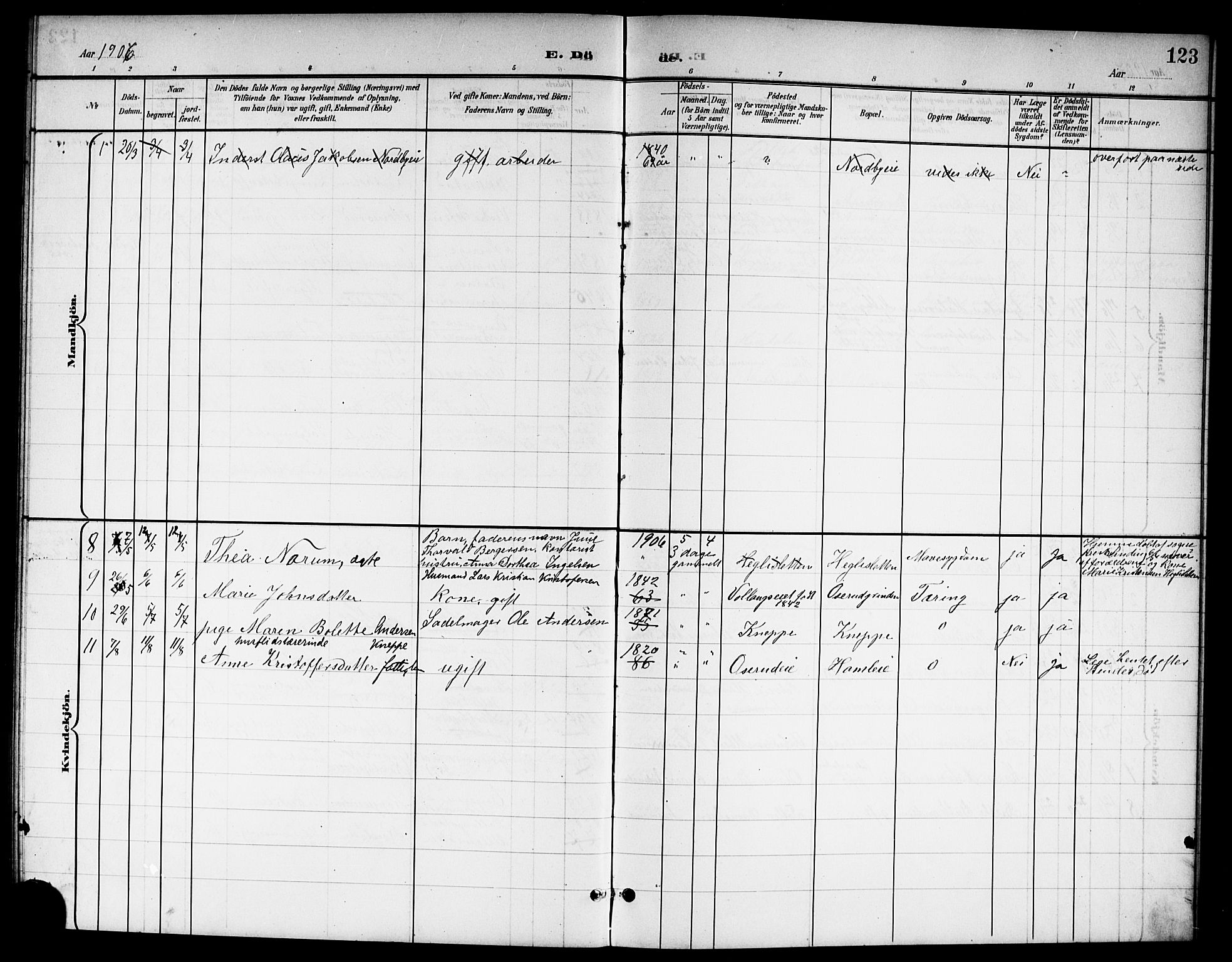 Nannestad prestekontor Kirkebøker, SAO/A-10414a/G/Ga/L0002: Parish register (copy) no. I 2, 1901-1913, p. 123