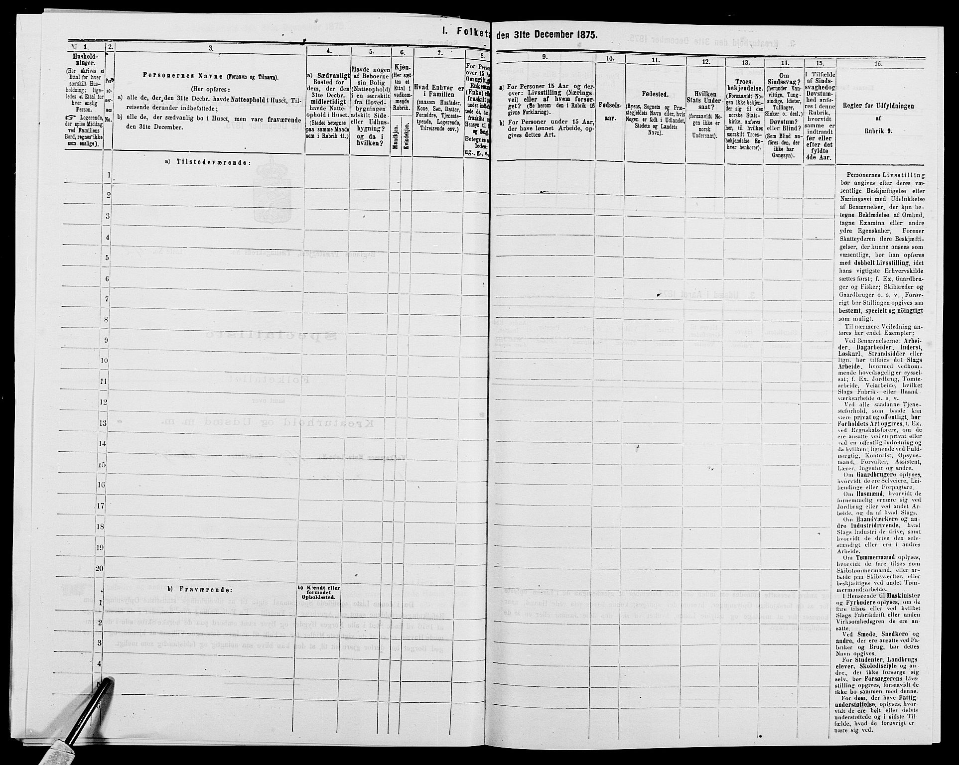 SAK, 1875 census for 0938P Bygland, 1875, p. 316