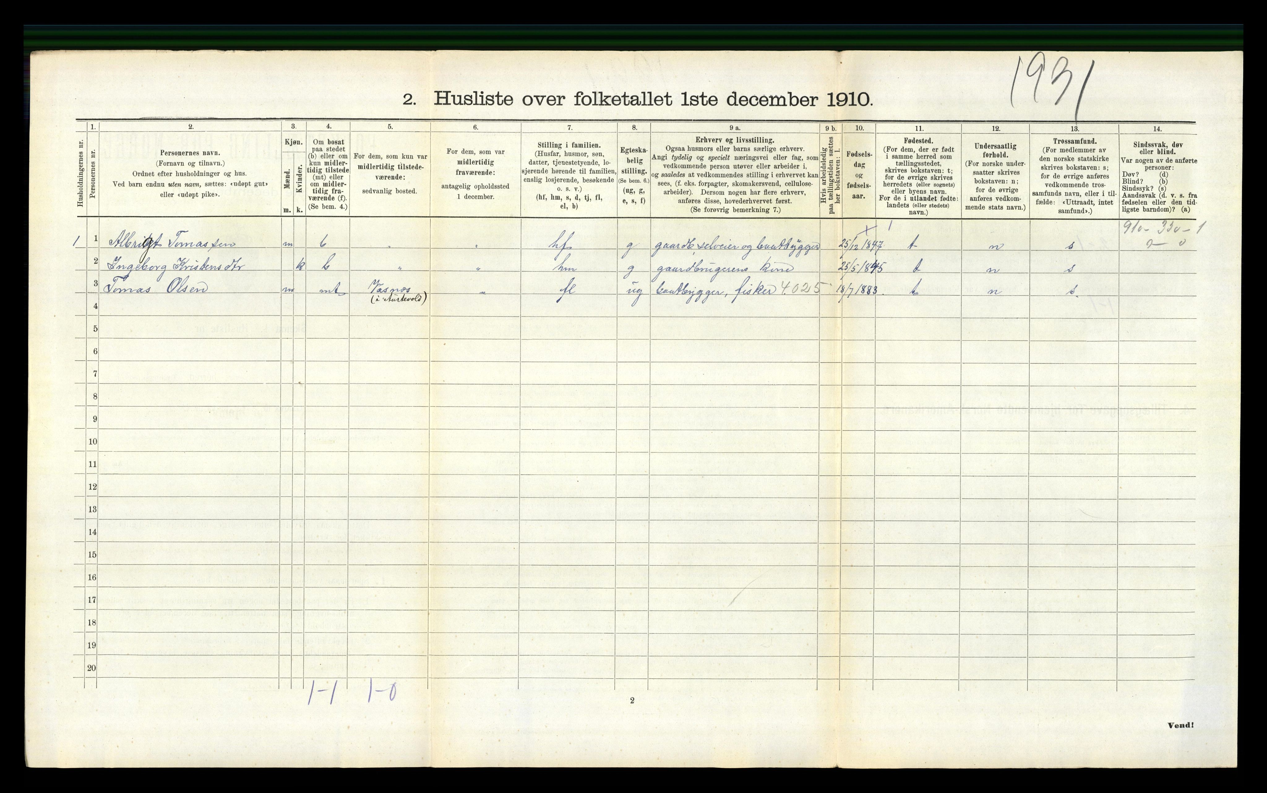 RA, 1910 census for Austevoll, 1910, p. 627