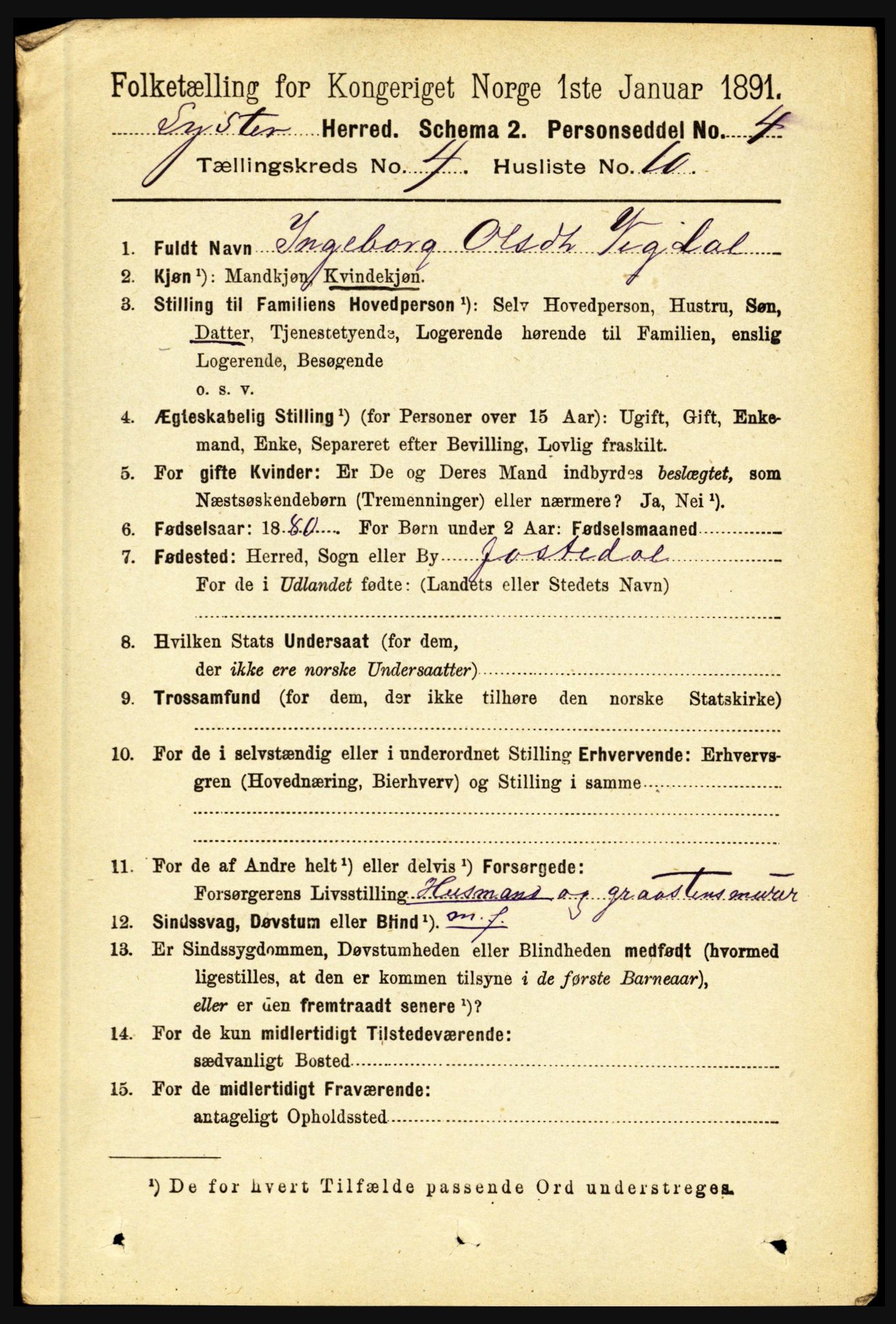 RA, 1891 census for 1426 Luster, 1891, p. 1474