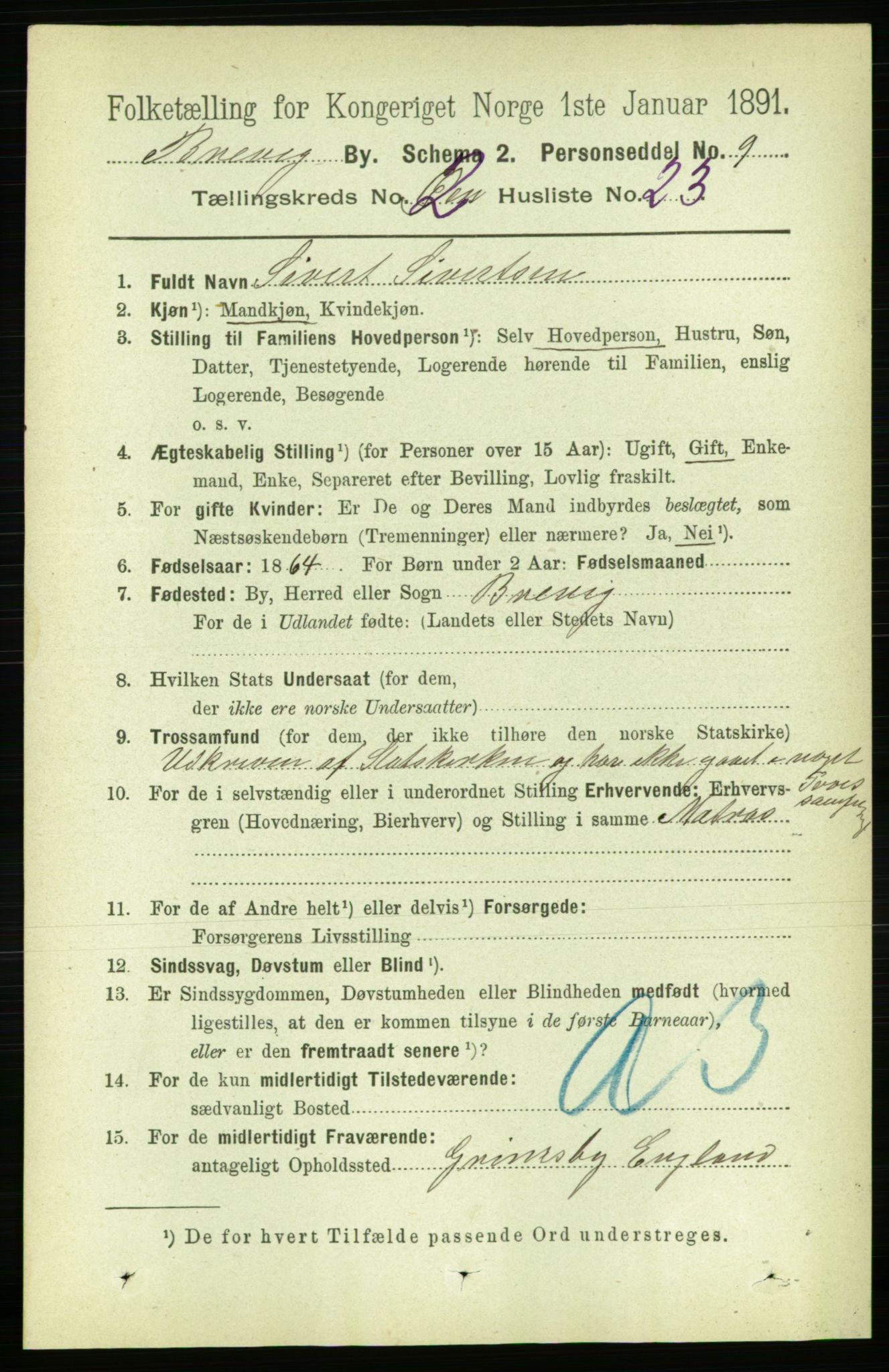 RA, 1891 census for 0804 Brevik, 1891, p. 1748