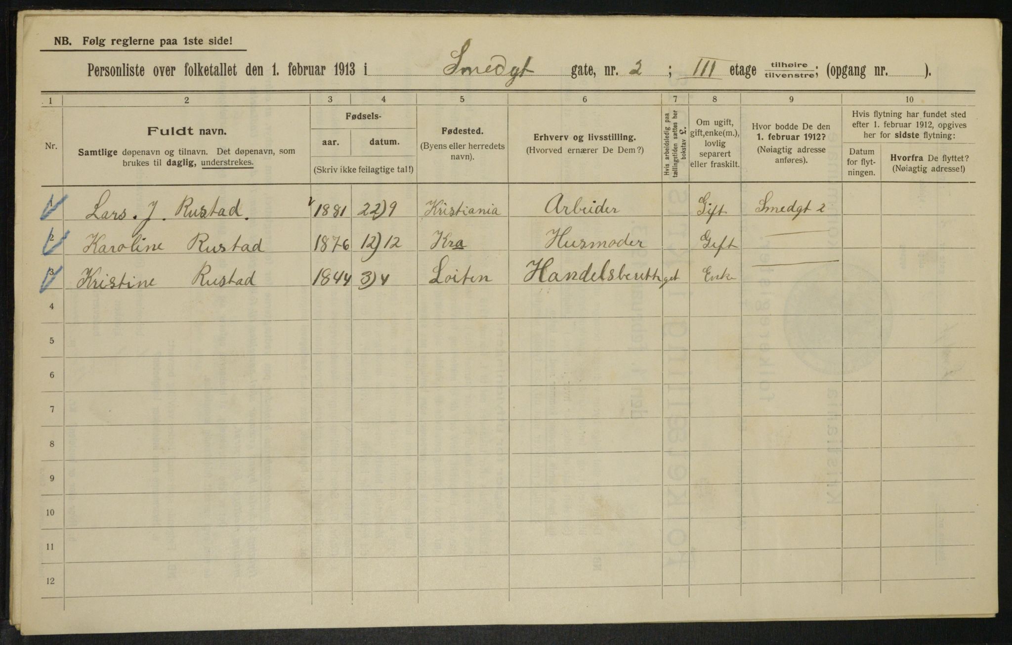 OBA, Municipal Census 1913 for Kristiania, 1913, p. 97127