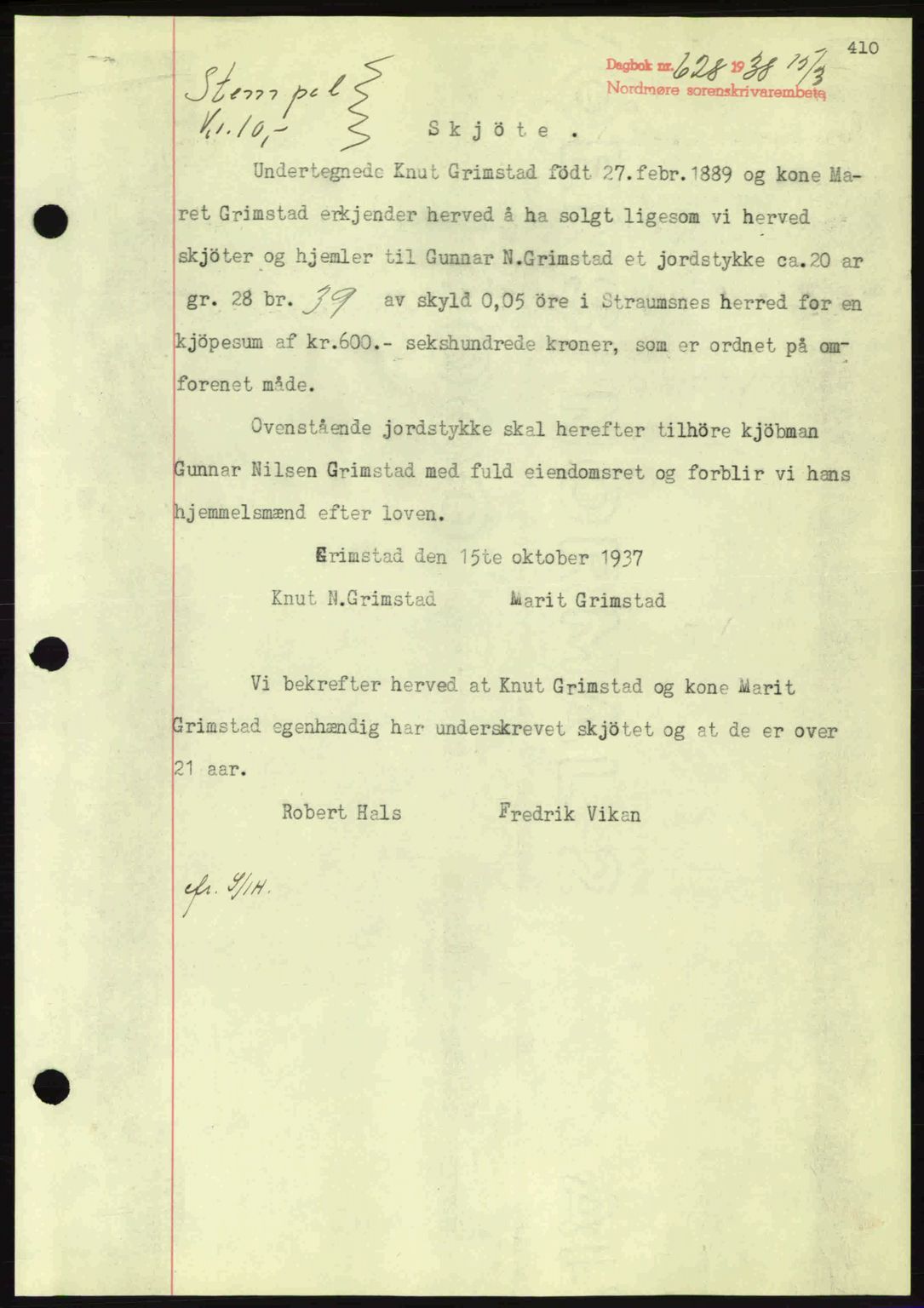 Nordmøre sorenskriveri, AV/SAT-A-4132/1/2/2Ca: Mortgage book no. A83, 1938-1938, Diary no: : 628/1938