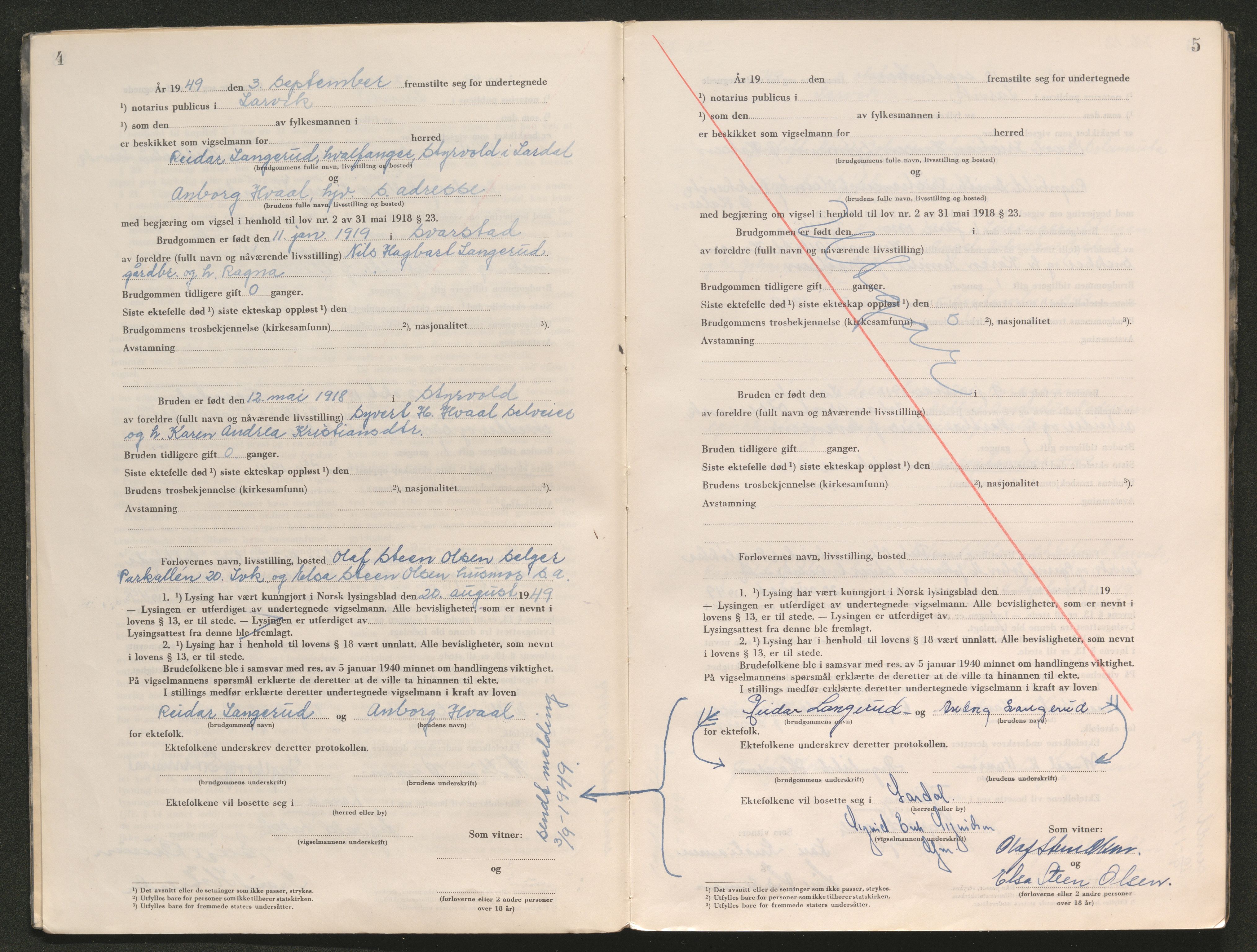 Larvik sorenskriveri, AV/SAKO-A-83/L/Lb/L0006: Vigselsprotokoll, 1949-1955, p. 4-5