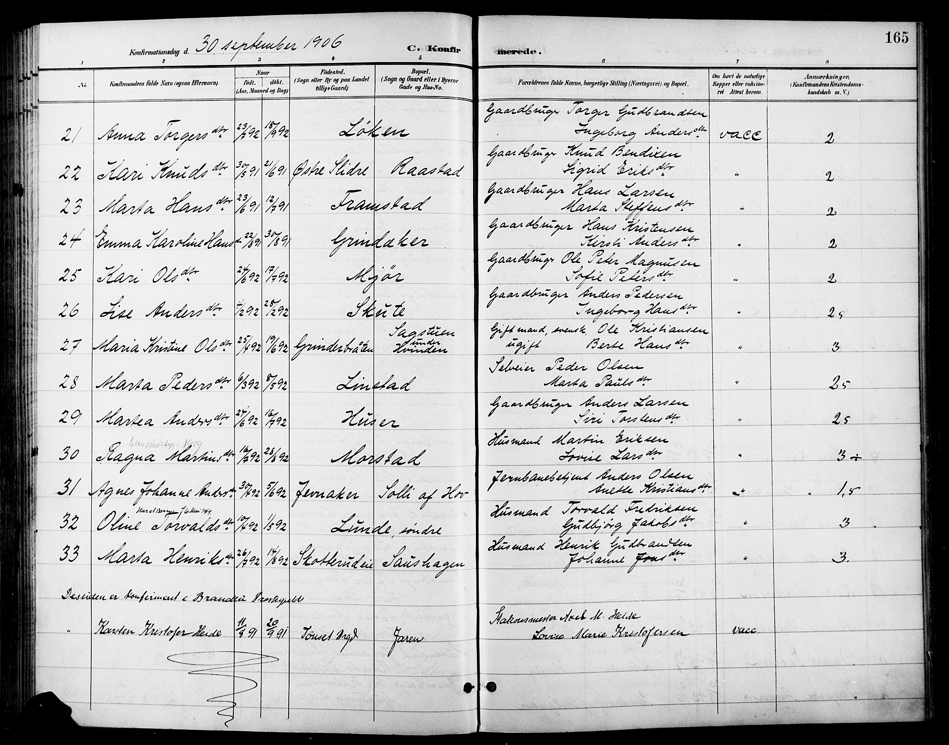 Gran prestekontor, SAH/PREST-112/H/Ha/Haa/L0019: Parish register (official) no. 19, 1898-1907, p. 165
