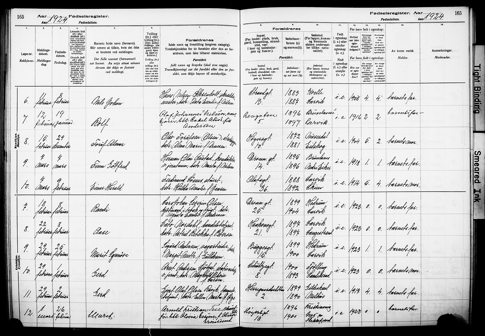 Larvik kirkebøker, AV/SAKO-A-352/J/Ja/L0001: Birth register no. I 1, 1916-1926, p. 165