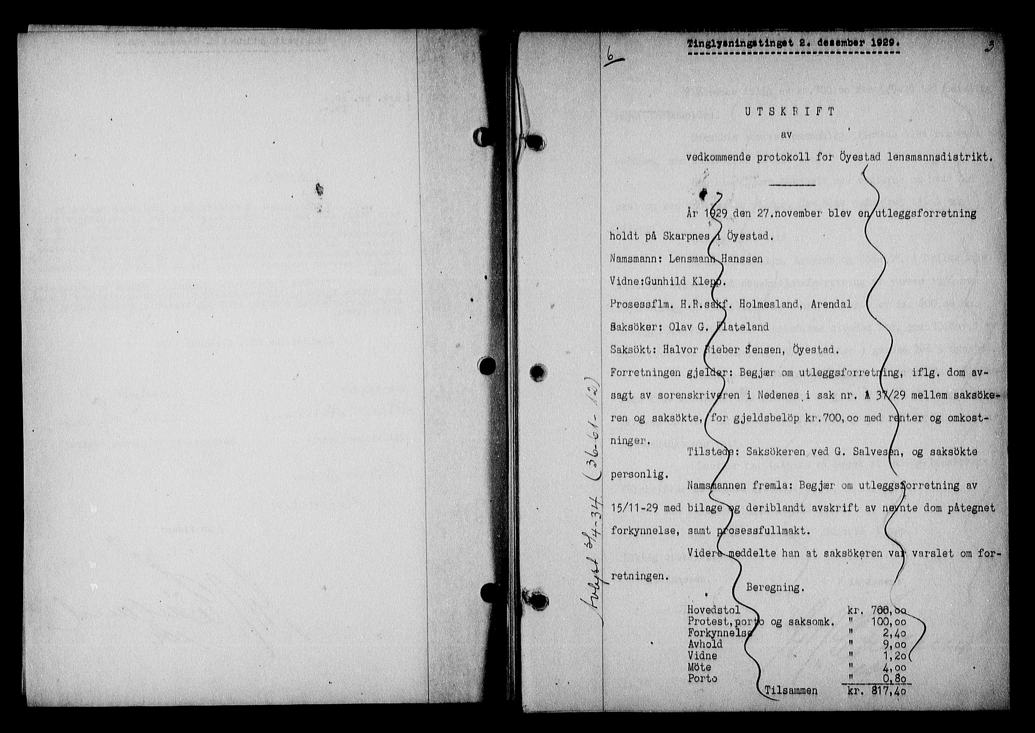 Nedenes sorenskriveri, AV/SAK-1221-0006/G/Gb/Gba/L0036: Mortgage book no. 32, 1929-1930, p. 3