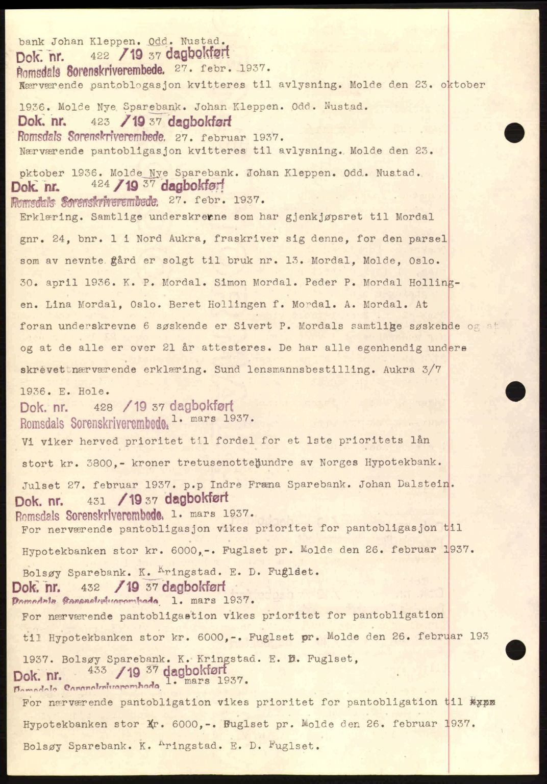 Romsdal sorenskriveri, AV/SAT-A-4149/1/2/2C: Mortgage book no. C1a, 1936-1945, Diary no: : 422/1937