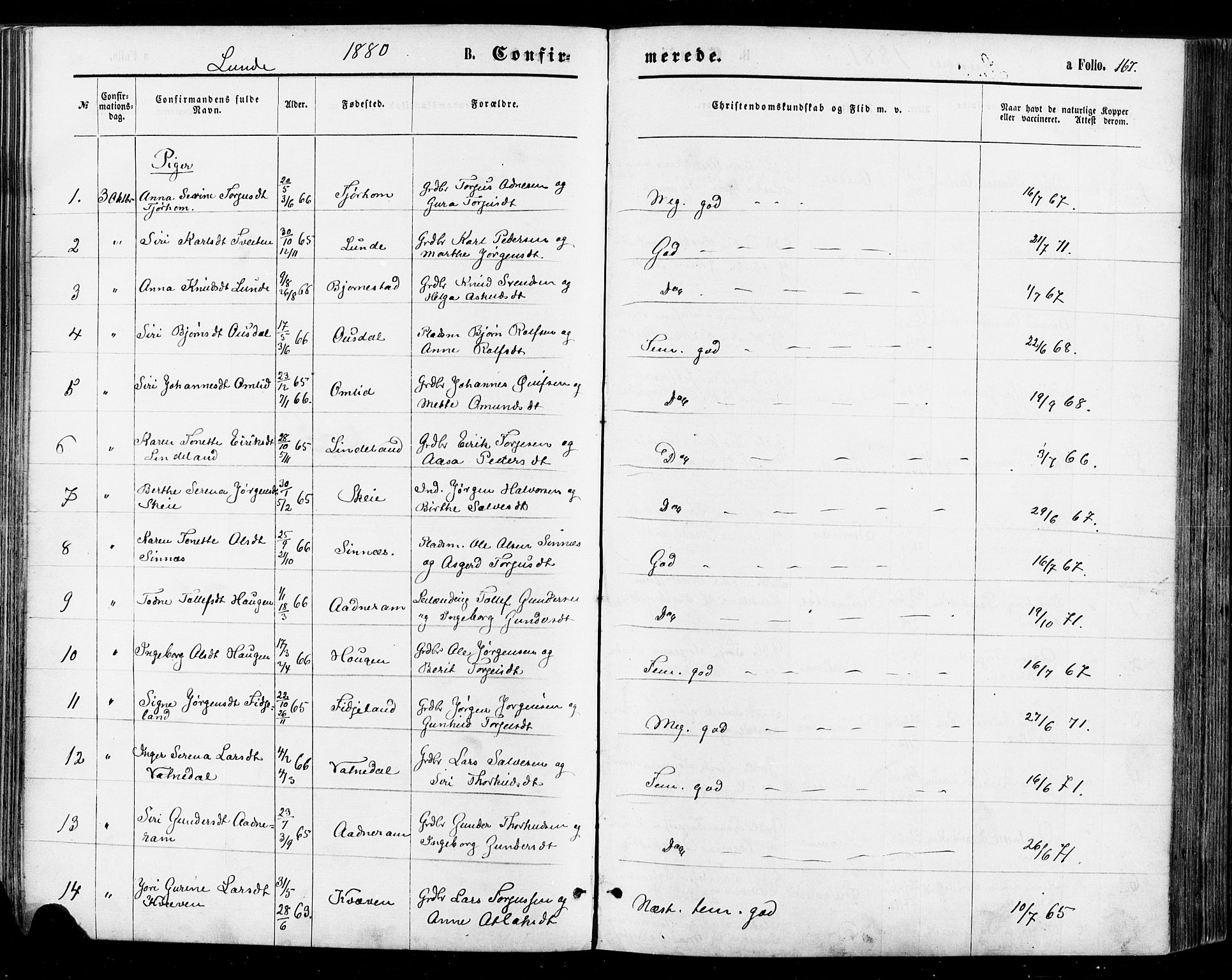 Sirdal sokneprestkontor, AV/SAK-1111-0036/F/Fa/Fab/L0003: Parish register (official) no. A 3, 1874-1886, p. 167