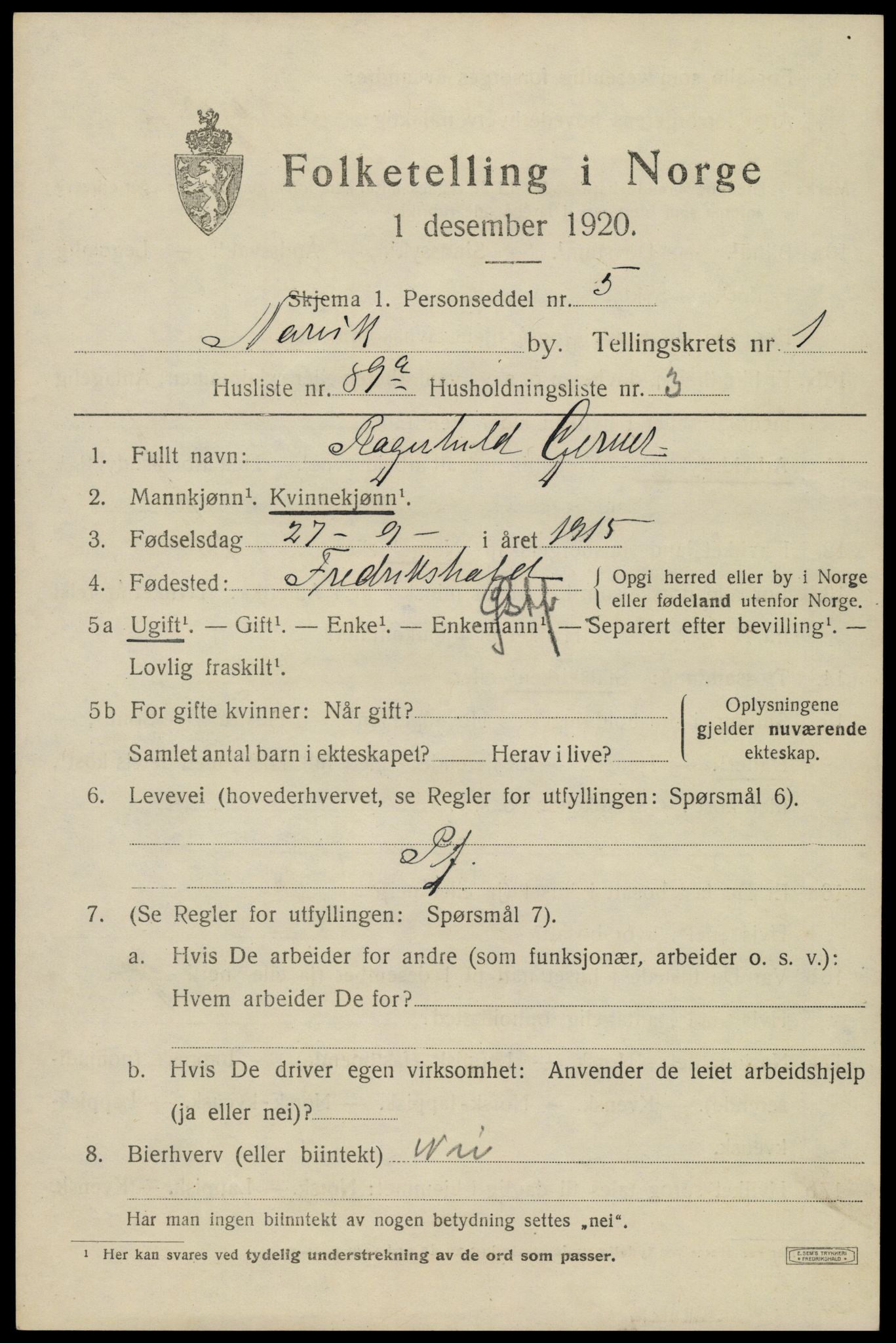 SAT, 1920 census for Narvik, 1920, p. 5806