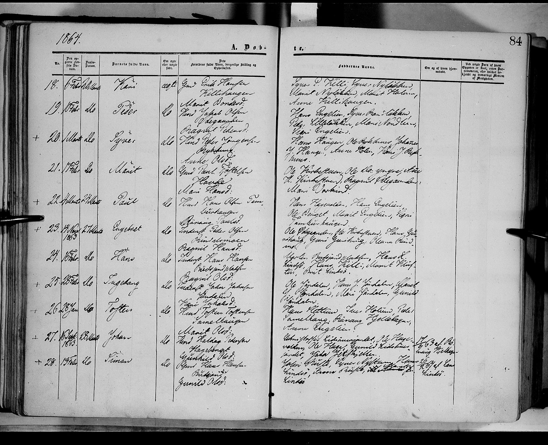 Dovre prestekontor, AV/SAH-PREST-066/H/Ha/Haa/L0001: Parish register (official) no. 1, 1854-1878, p. 84