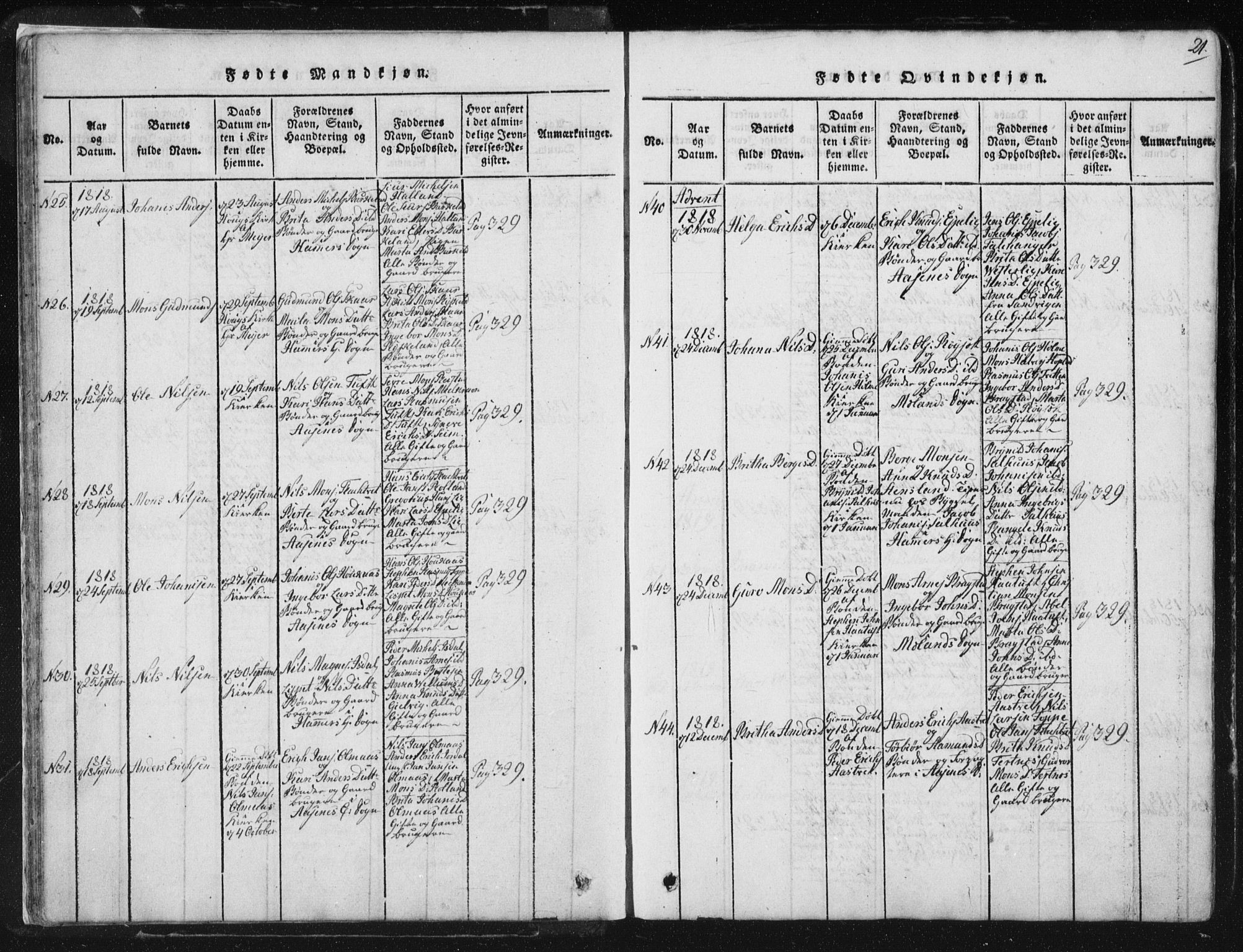 Hamre sokneprestembete, AV/SAB-A-75501/H/Ha/Haa/Haaa/L0010: Parish register (official) no. A 10, 1816-1826, p. 21