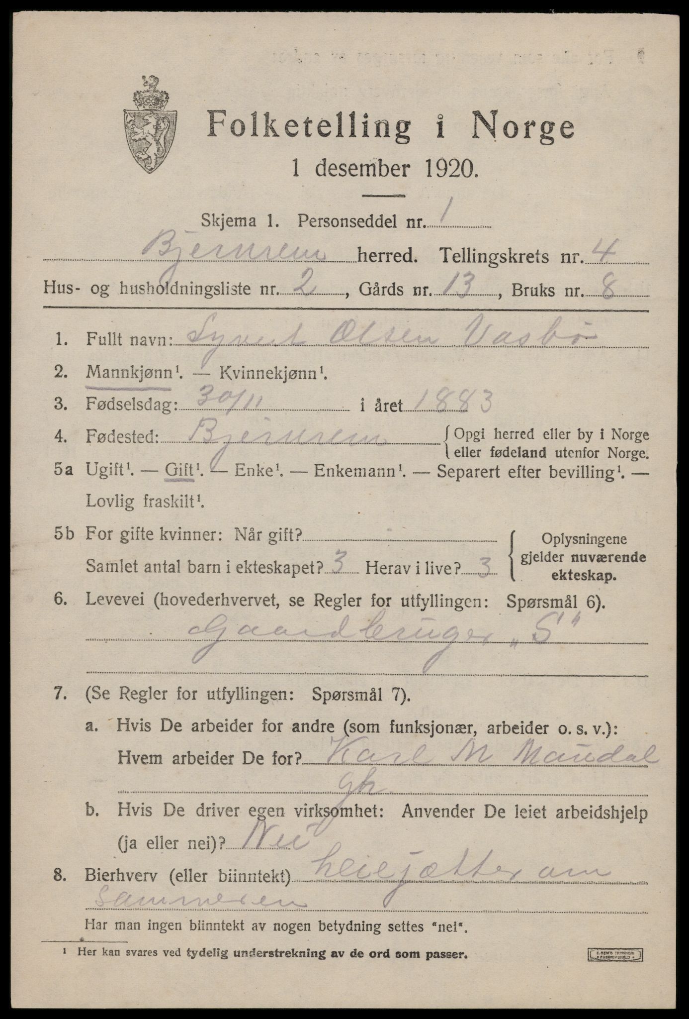 SAST, 1920 census for Bjerkreim, 1920, p. 1776