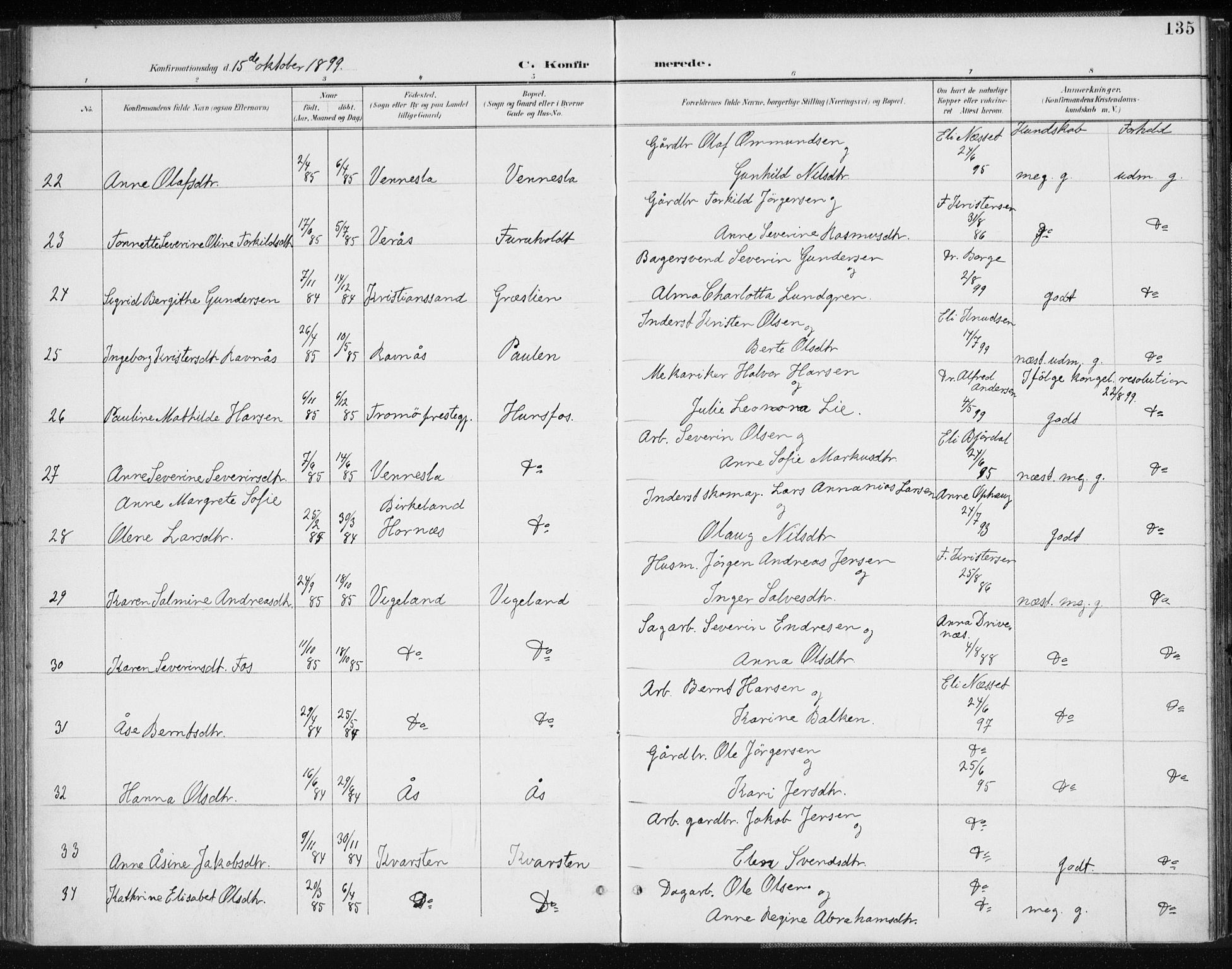 Vennesla sokneprestkontor, SAK/1111-0045/Fa/Fab/L0005: Parish register (official) no. A 5, 1897-1909, p. 135
